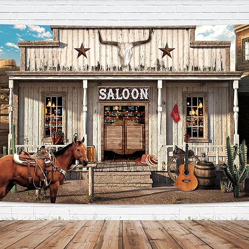Imirell Western Saloon - Telón de fondo de vaquero de 7 pulgadas de ancho x 5 pies de alto, puerta de granero de madera vintage, rueda de caballo