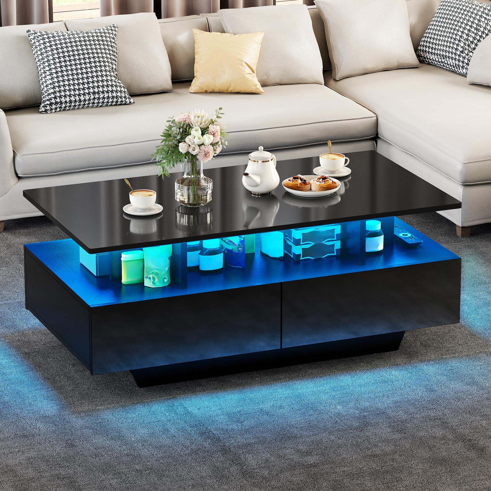 YITAHOME Coffee Table White Living Room Table High Gloss with 16-Colour LED Lighting Modern Side Table White with Open Display Shelf and 4 Pull-Out Drawers 90 x 55 x 41.1 cm