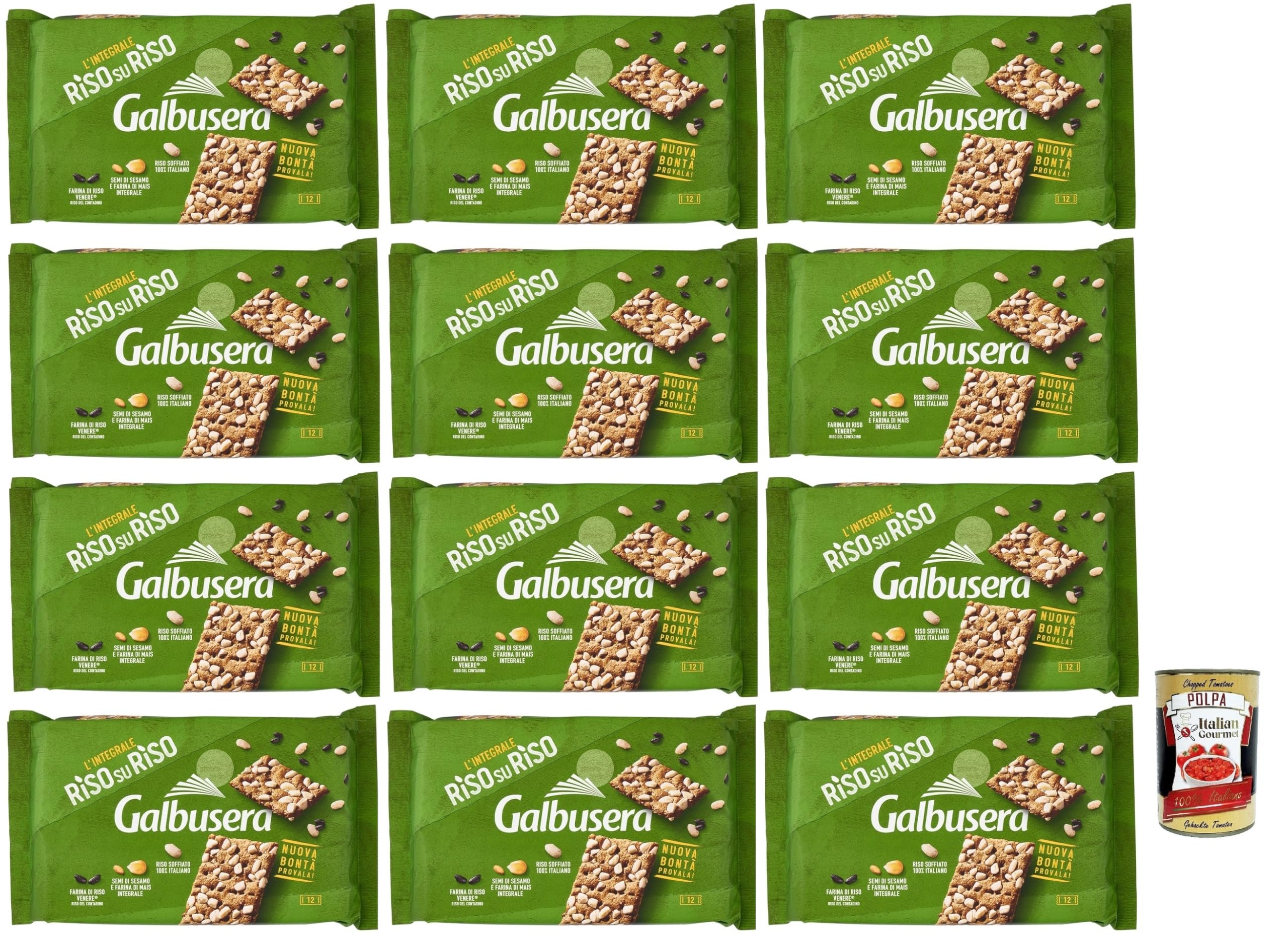 Galbusera RisosuRiso Croccantezza Integral, Galletas con granos crujientes de arroz inflado 100% italiano, 12 x 380 g + Polpa italiana Gourmet 400 g