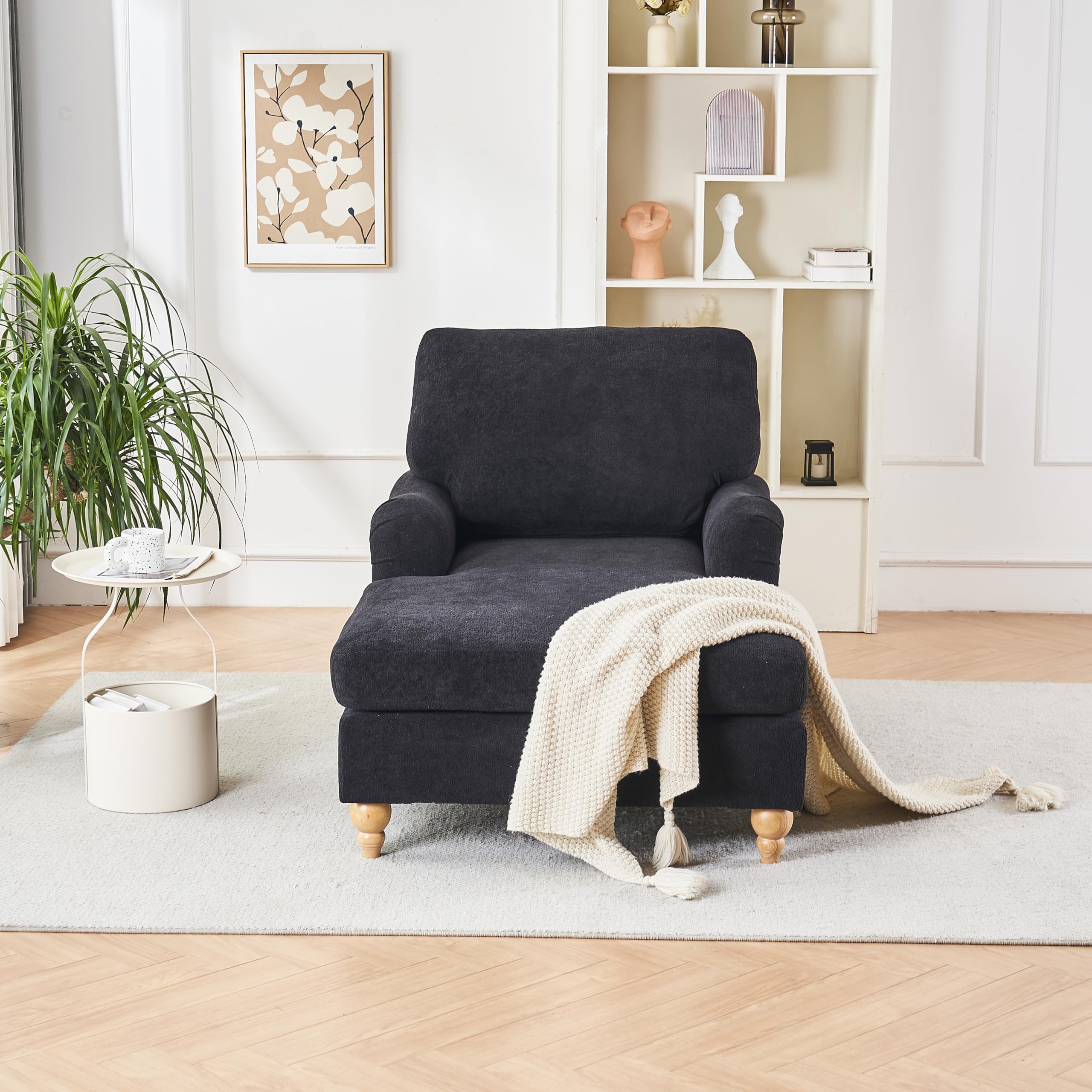 Chaise Lounge Chair Indoor,Modern Mid-Century Indoor Oversized Sleeper,Soild Wood Legs and Chenille Fabric Sofa Bed for Living Room, Bedroom， Easy to Assemble (Black)