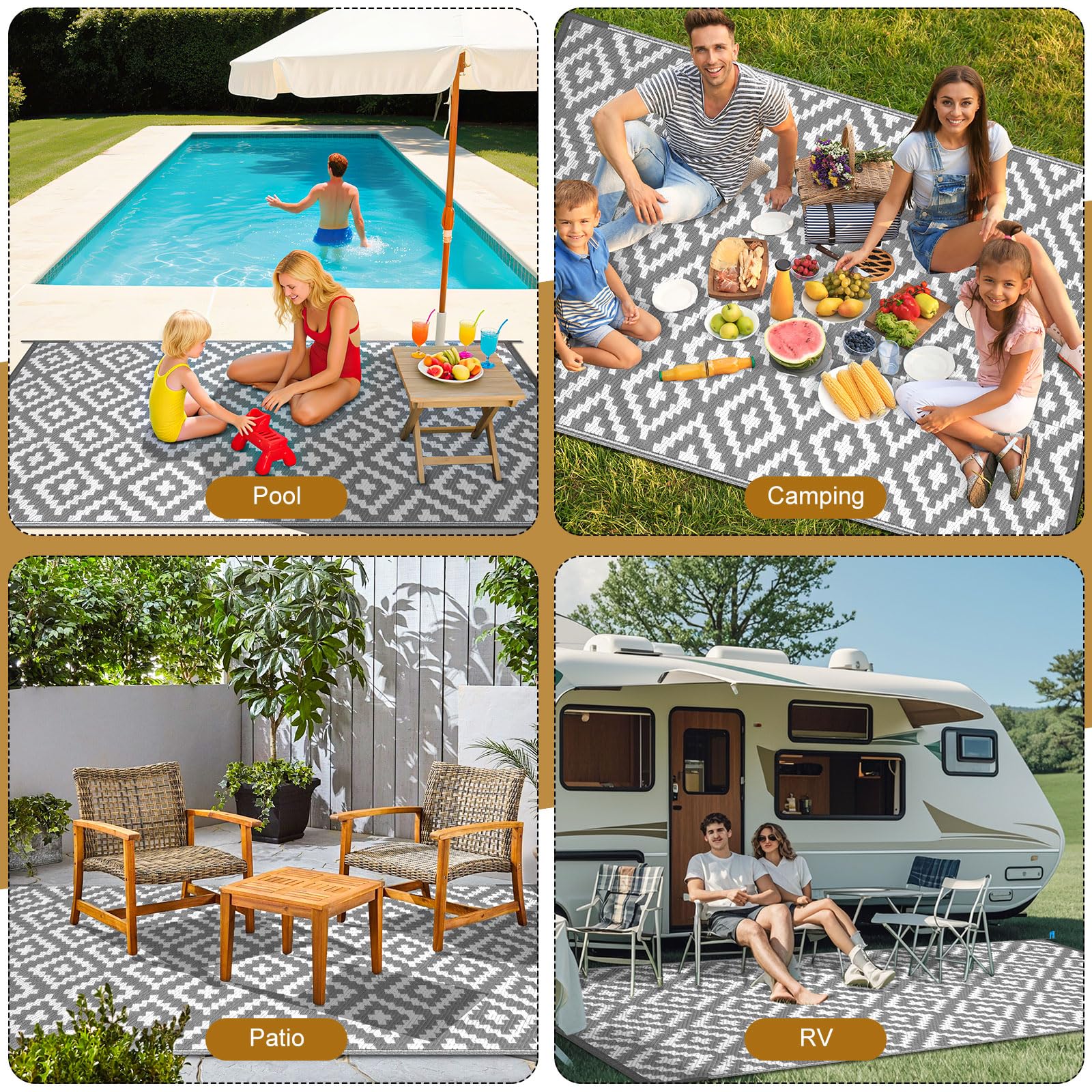 Outdoor Teppich Wetterfest, Terrassenteppich Außen Wetterfest mit Quadratmuster 120x180 cm, Balkonteppich Wasserfest Outdoor, Beidseitig Verwendbar, UV-Beständig, Faltbar und Waschbar