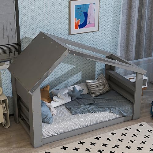 Miniatura 39 de Cama de madera de tamaño individual con cabecero en forma de casa con vallas, altura baja al suelo, para dormitorio de niños y niñas (blanco-01)