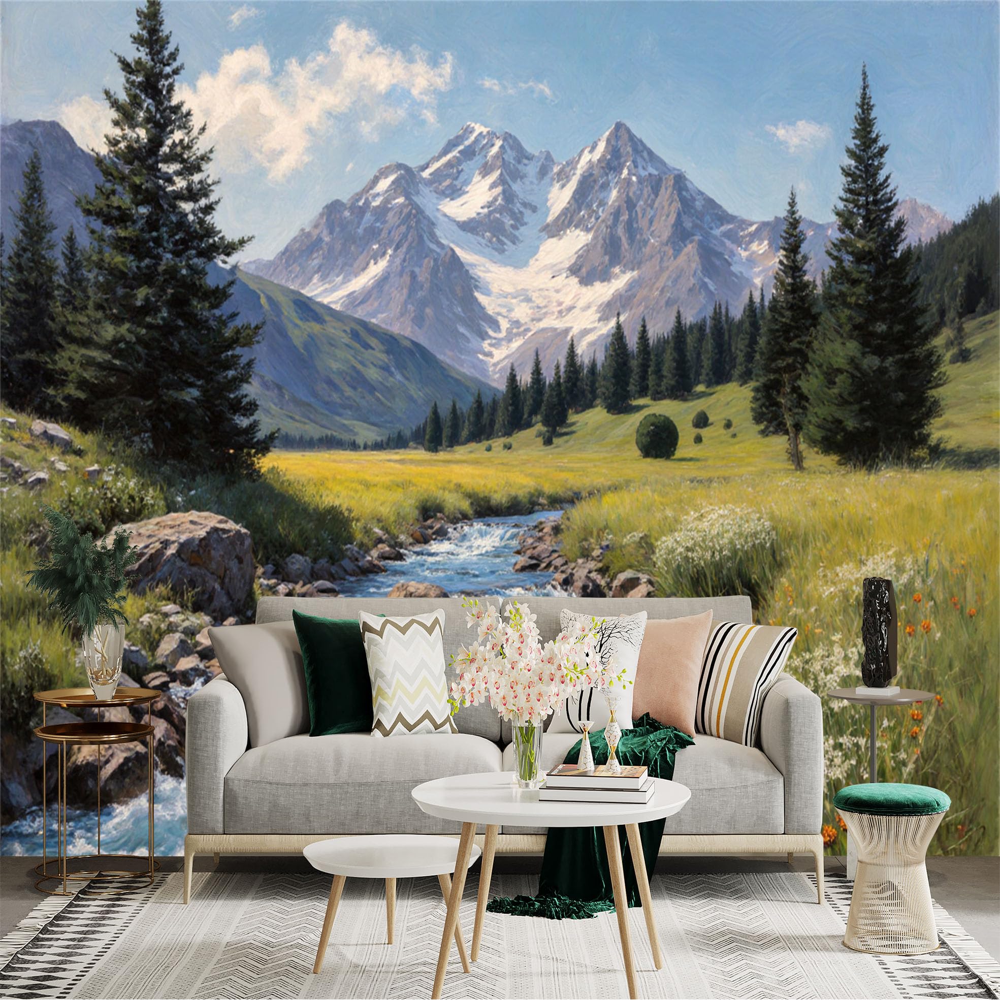 Lnzczhyre Xc260505678 Custom Size Wall Sticker Mural， Majestic Snow Capped Peaks， Tranquil River Stream， Vibrant Alpine Meadow， Evergreen Pine Forest， For Wall Decoration， Peelandstick Wall Decals.