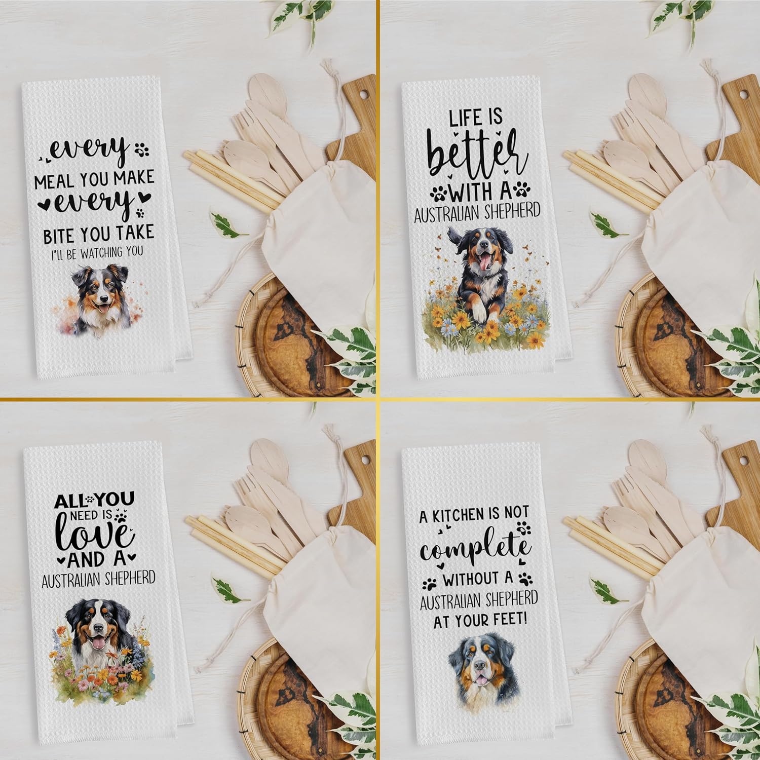 Australian Shepherd Dish Towels Set - Funny Australian Shepherd Decorative Waffle Weave Kitchen Towels, Hand Towel, Tea Towel (16×24 Inches Set of 4) - Image 3