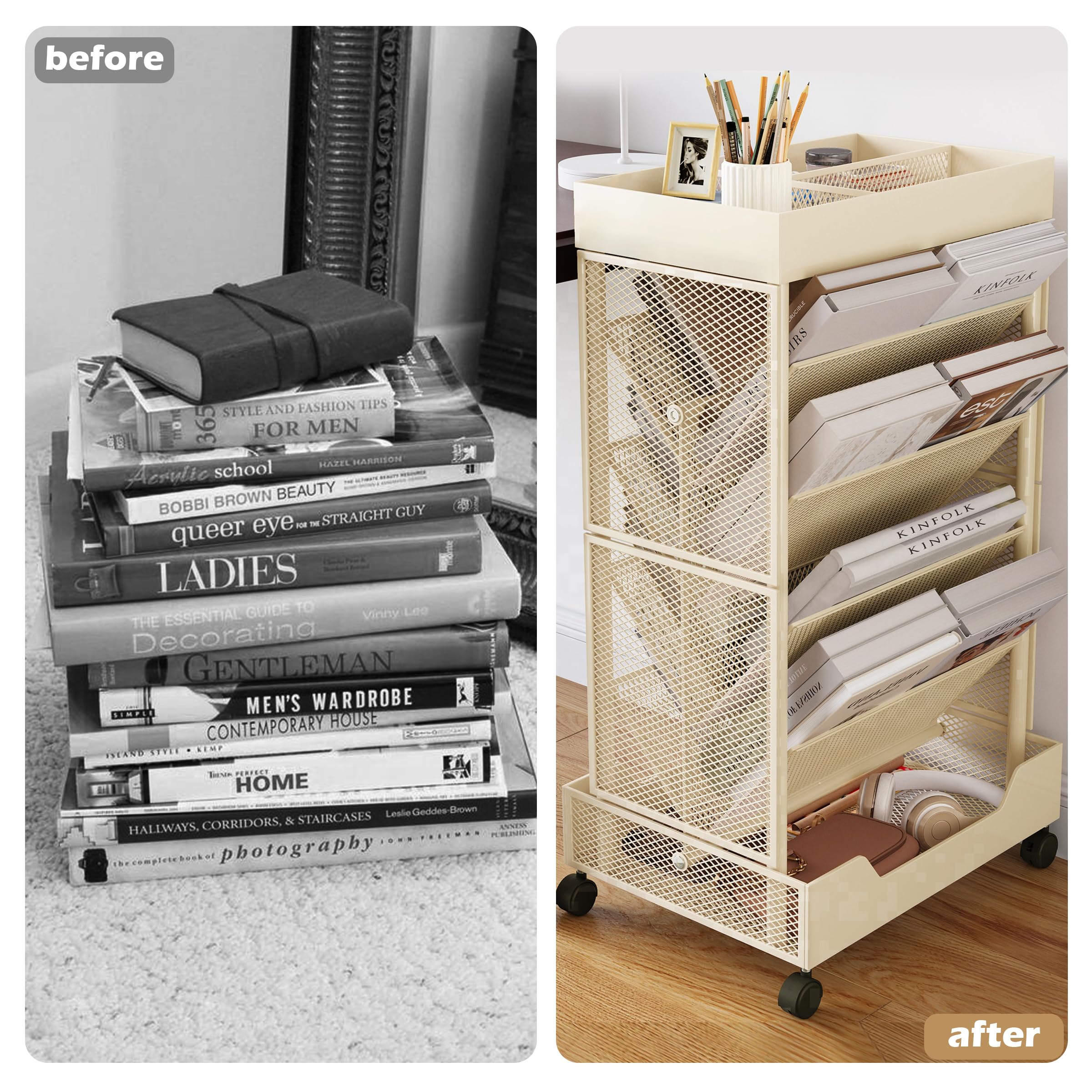 COVAODQ Afneembare mobiele boekenplankwagen, boekenkast, kleine boekenkast, 6 niveaus, geschikt voor school, werkkamer, woonkamer, slaapkamer (41,5 x 30 x 71 cm