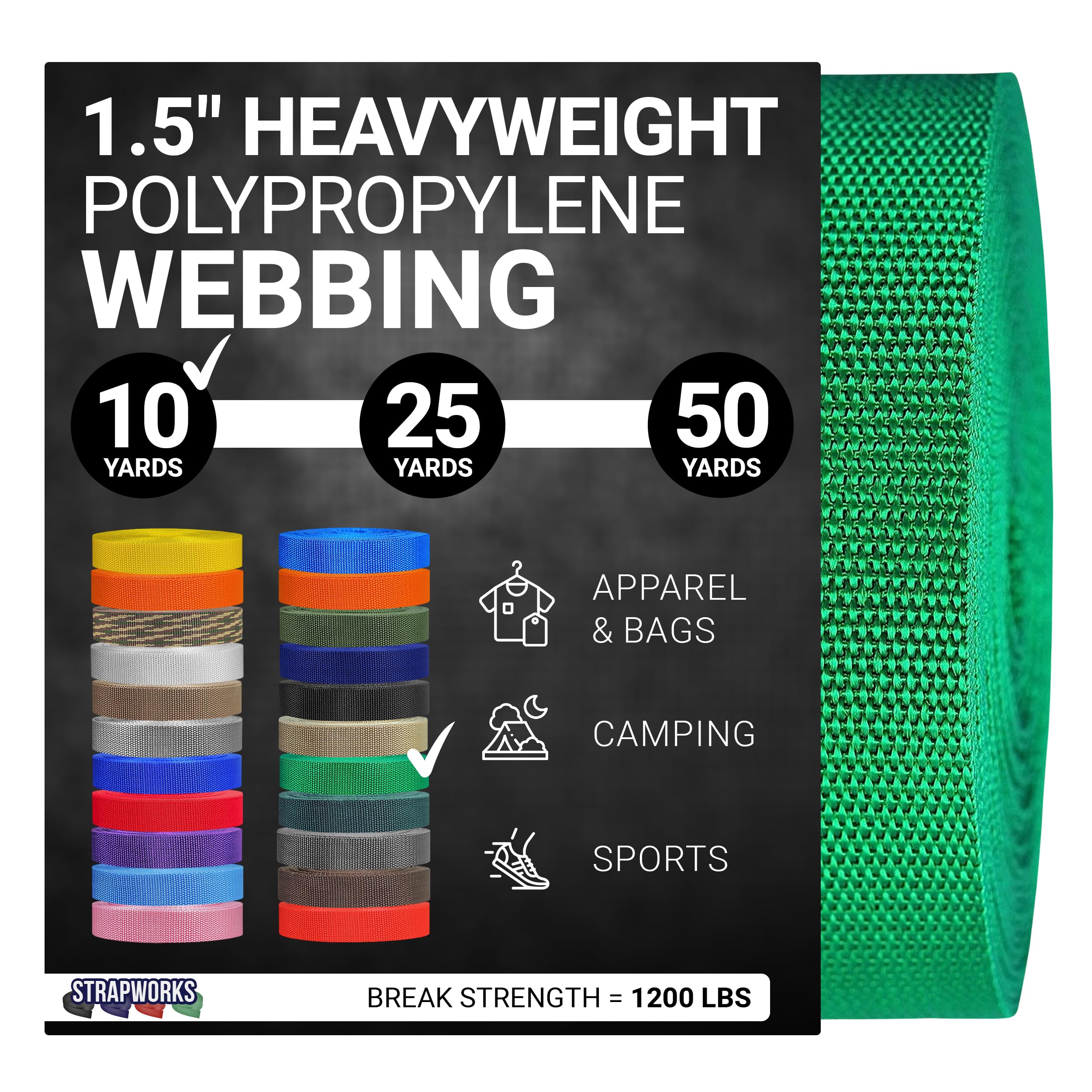 Strapworks Heavyweight Polypropylene Webbing - Heavy Duty Poly Strapping for Outdoor DIY Gear Repair, 1.5 Inch x 10 Yards, Kelly Green