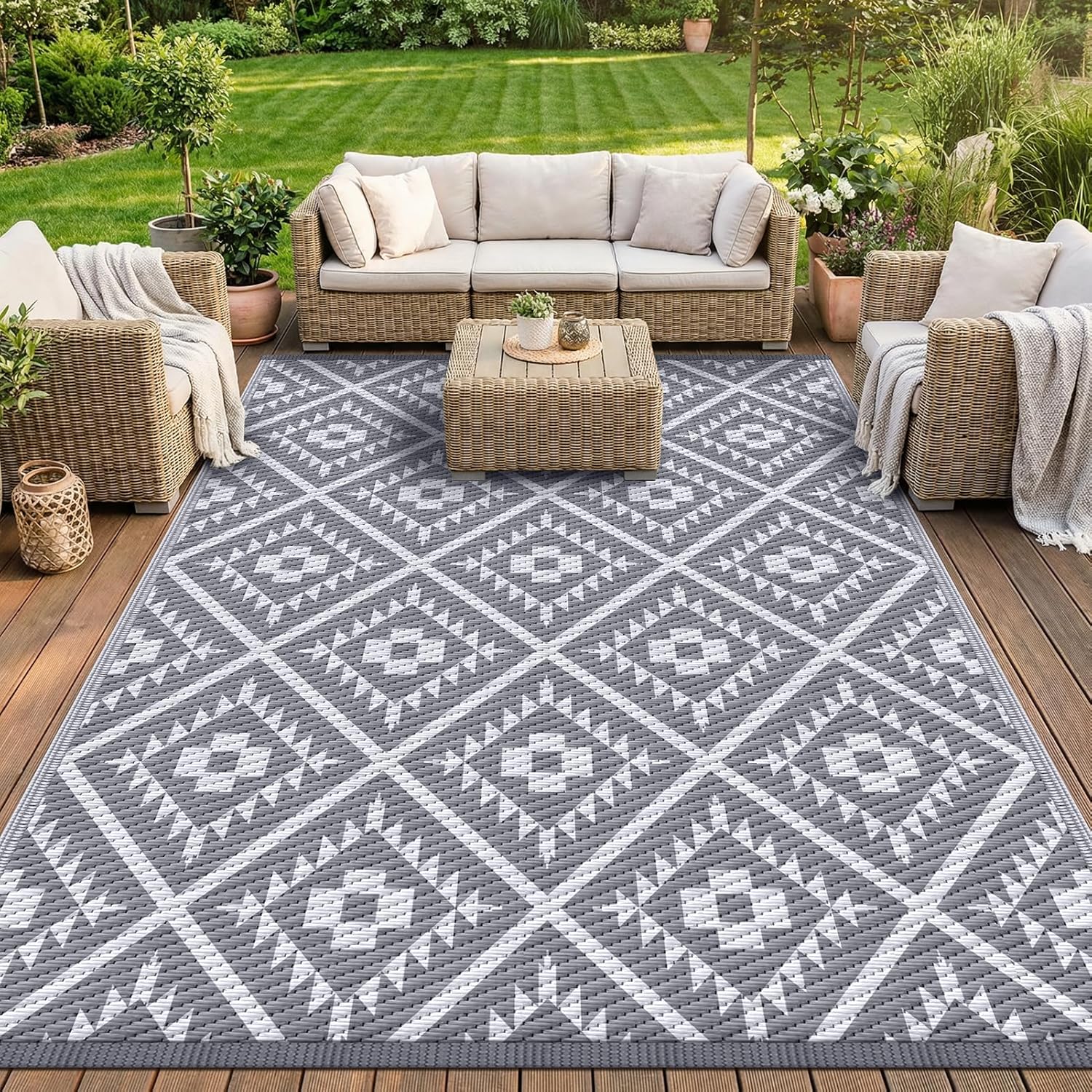 COOLTOP 9'x12’ Outdoor Rug for Patios Porches, Waterproof Plastic Camping Rugs, Modern Reversible Mat, Large Area Rugs for Backyard, Deck, RV, Balcony, Picnic, Beach, Grey & White