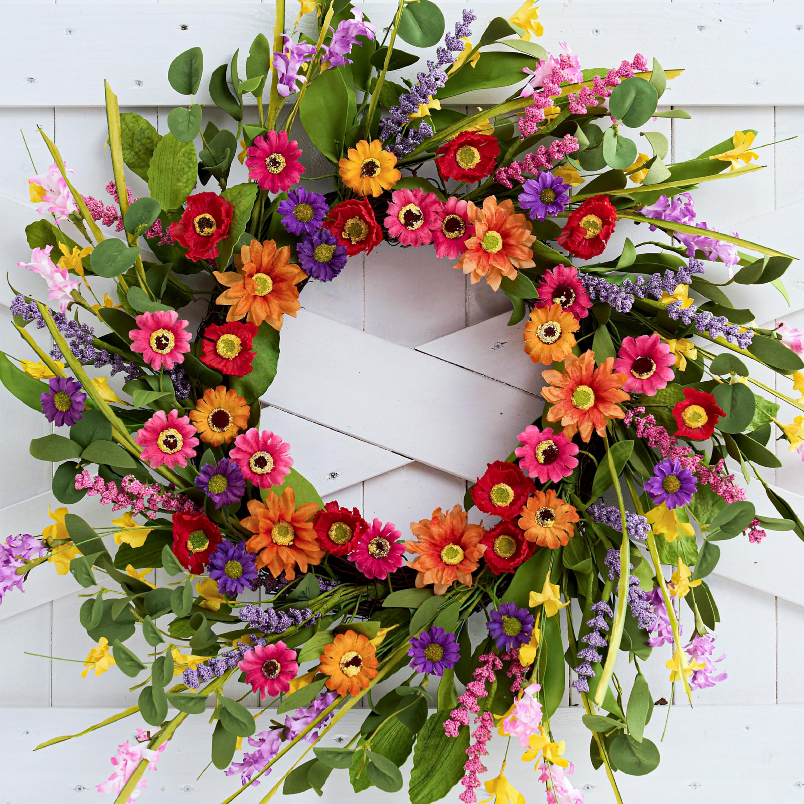 Spring Wreath 22 Inch Summer Wreath with Green Eucalyptus Leaves Daisy Flowers Lavender Wreath for Front Door Window Walls Weddings Farmhouse Holiday Decorations