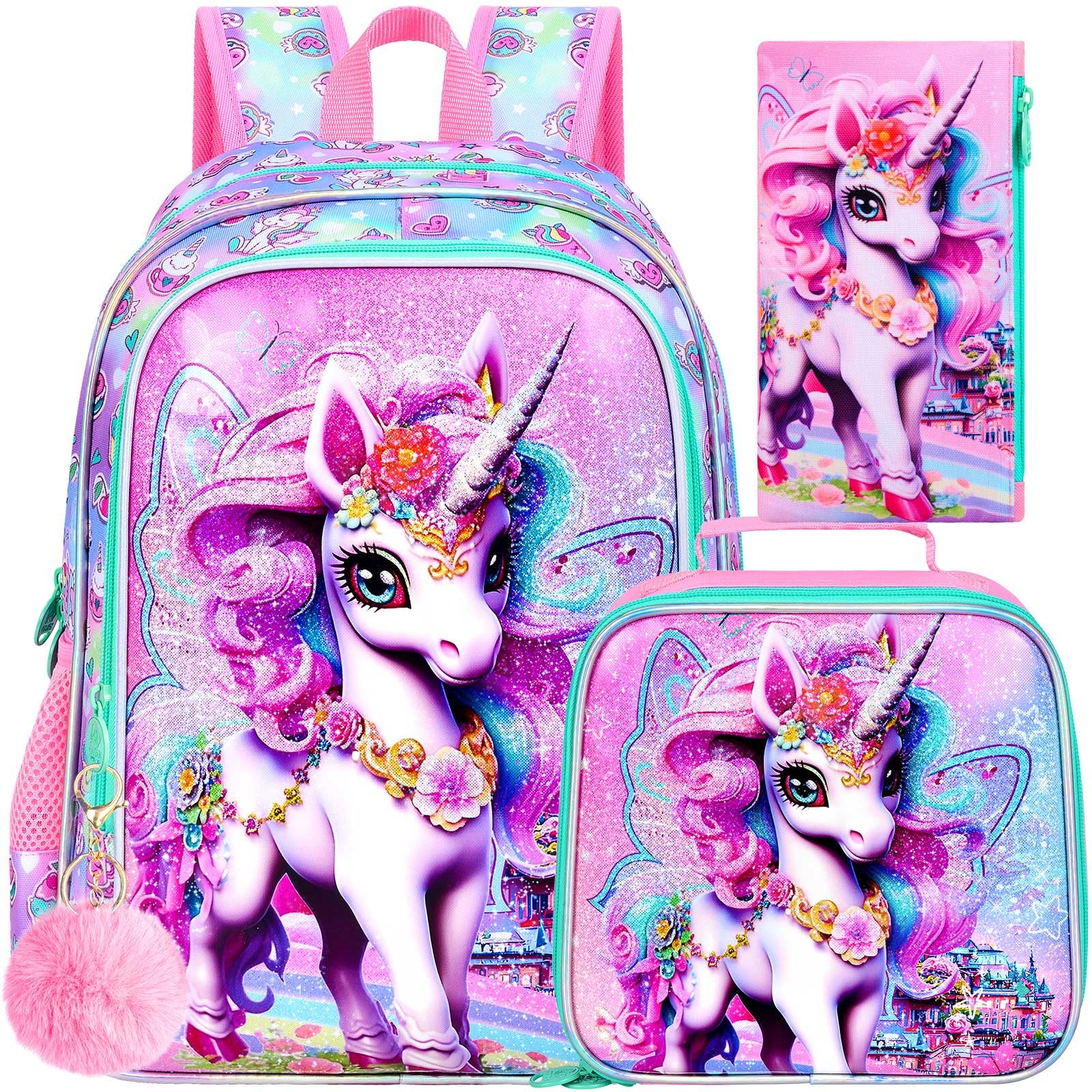 HPJGD 3PCS Unicorn Backpack, Water Resistant Girls Bookbag Set with Lunch Box，Cute Kids Elementary School Bag for Preschool Toddler