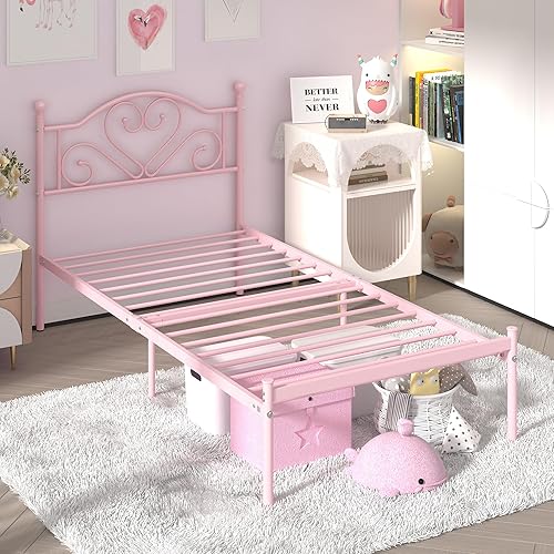 Miniatura 4 de Weehom Base de cama individual con cabecero, plataforma de metal resistente, espacio de almacenamiento debajo de la cama, fácil montaje para niños,