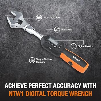 NAVAC NTW1 Digital Torque Wrench - Adjustable Jaw - Digital Readout - Torque Settings Memory - Dual Direction - Selectable Measuring Units - Indicator Lights and Sound -