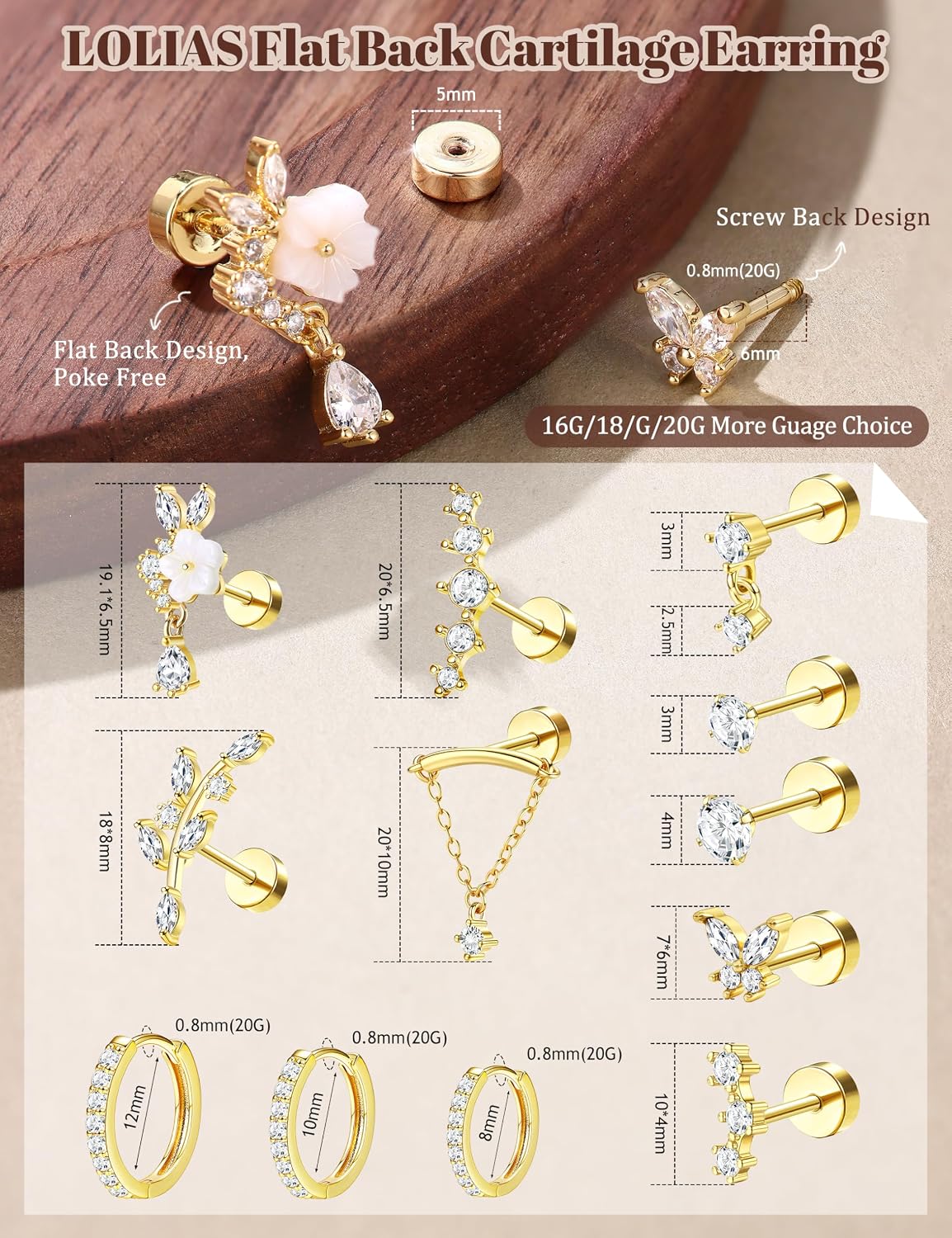 LOLIAS Hypoallergenic Cartilage Earrings for Women Flat Back-16G 18G 20G Cartilage Earring Stacks-Surgical Steel Earrings for Sensitive Ears-316L Stainless Steel Flatback Studs Hoop Earring Sets for Multiple Tragus Conch Daith Helix Piercing Jewelry Single PC