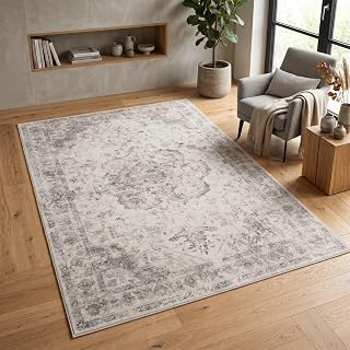 Carpetsale24 Waschbarer Teppich Beige 200x290 cm Vintage Kurzflor Wohnteppich für Wohnzimmer Essbereich Wohnraum Orientalisches Design Pflegeleicht Waschmaschinengeeignet