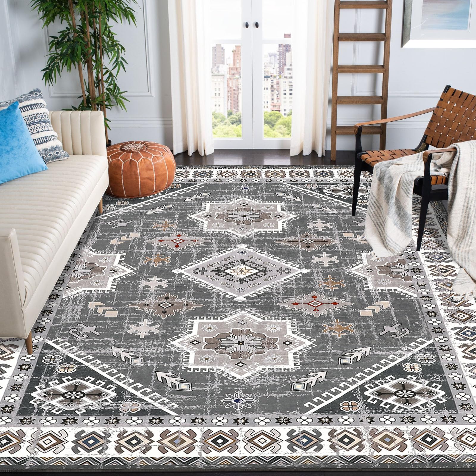 HEBE Boho Area Rug 5'x7' Washable Rug Oriental Distressed Large Bedroom Rug Soft Non Slip Dining Room Mat Indoor Medallion Throw Rugs Floor Carpet for Guest Room Nursery Entryway