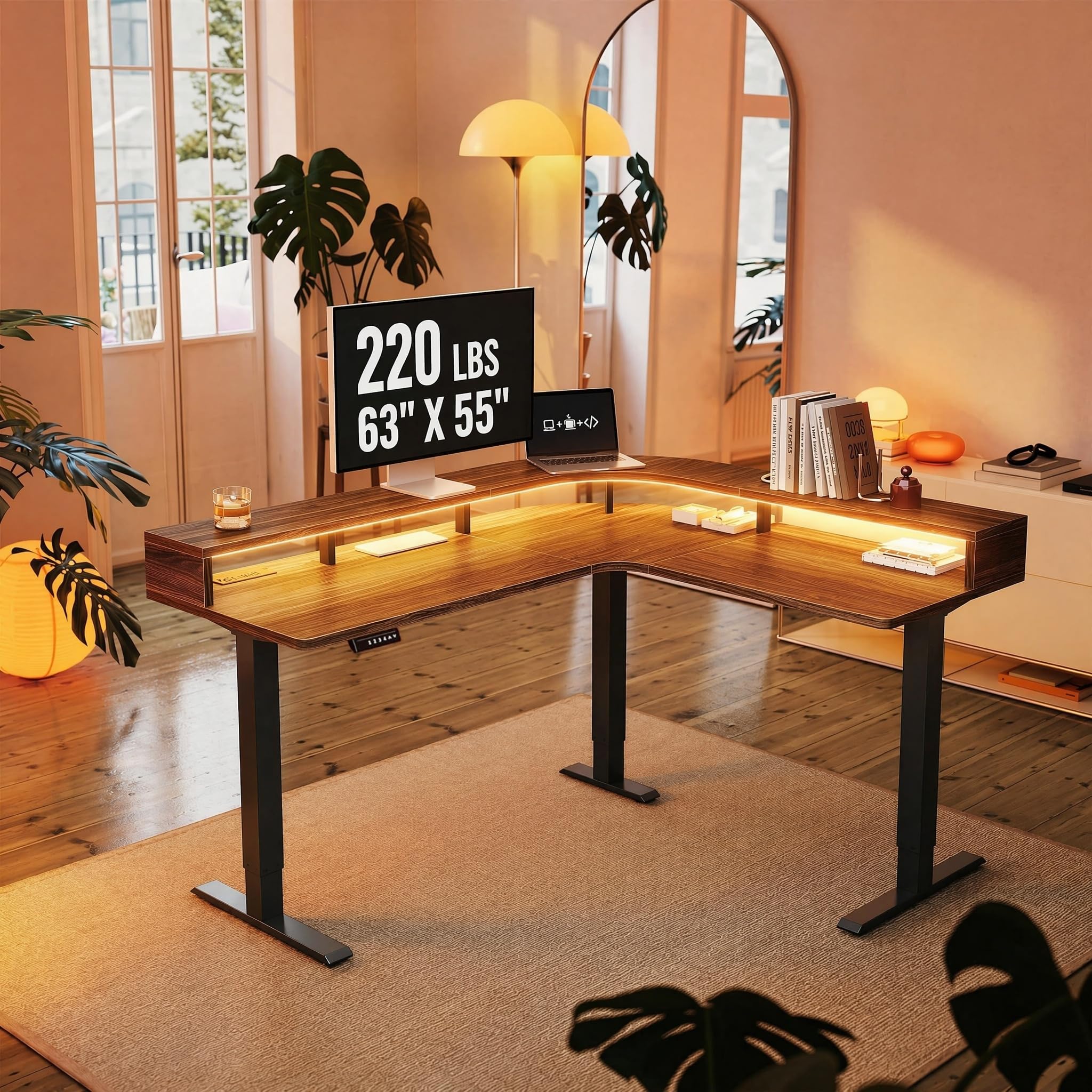 Amazon | HUANUO L型 電動スタンディングデスク LEDストリップ&電源