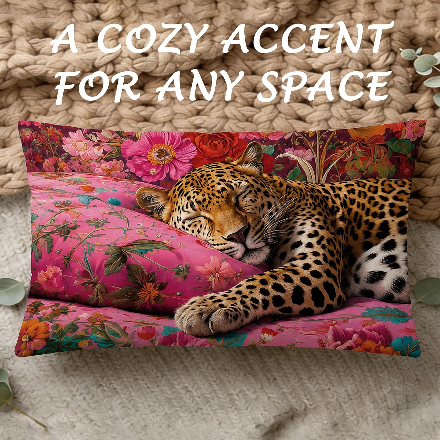 Maximalist Floral Leopard Pillow Cover 12x20 Double-Sided, Leopard Cheetah Room Decor, Eclectic Pink Dopamine Cheetah Wild Animal Decorative Throw Pillow Cover Pillowcases for Home Bedroom image 2