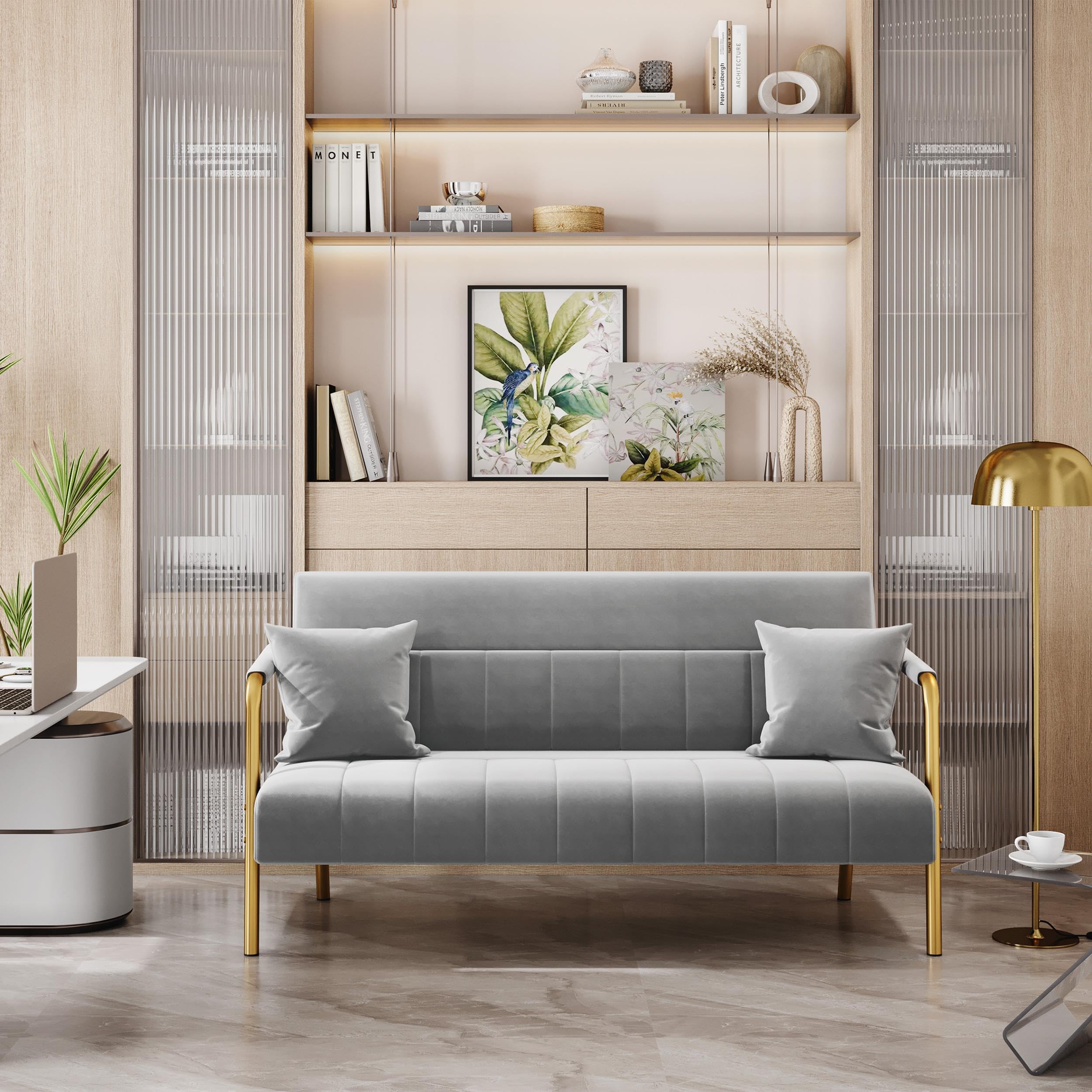 Yaheetech Sofá de 2 Plazas con Reposabrazos, Sofá de Tela de Terciopelo con Cojines Muy Cómodos, Soporta 272kg, para Salón, Dormitorof o Apartamento Pequeño, Gris Claro