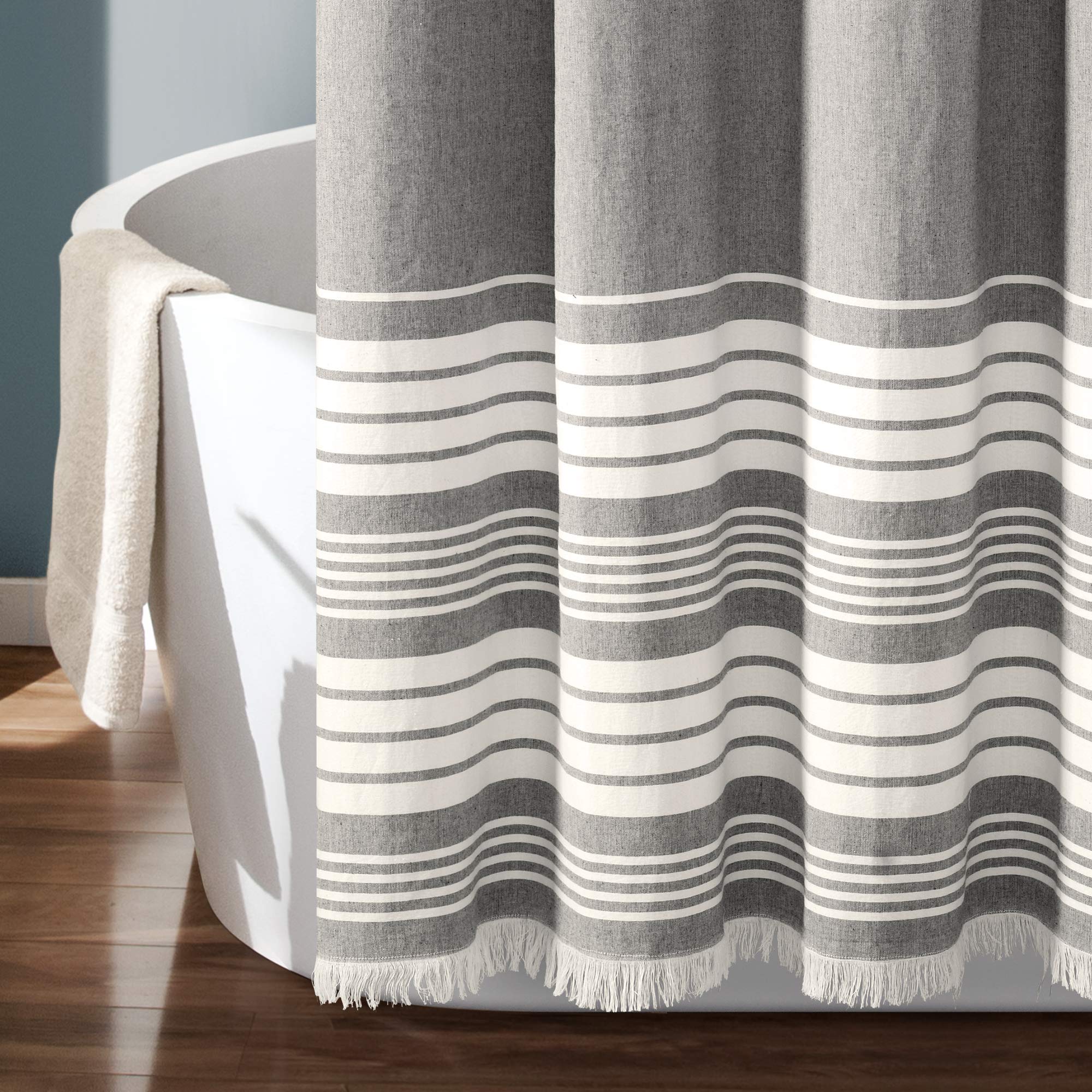Lush Decor, Nantucket 16T004620 Duschvorhang, garngefärbte Baumwolle, Quasten, 183 x 183 cm, Grau
