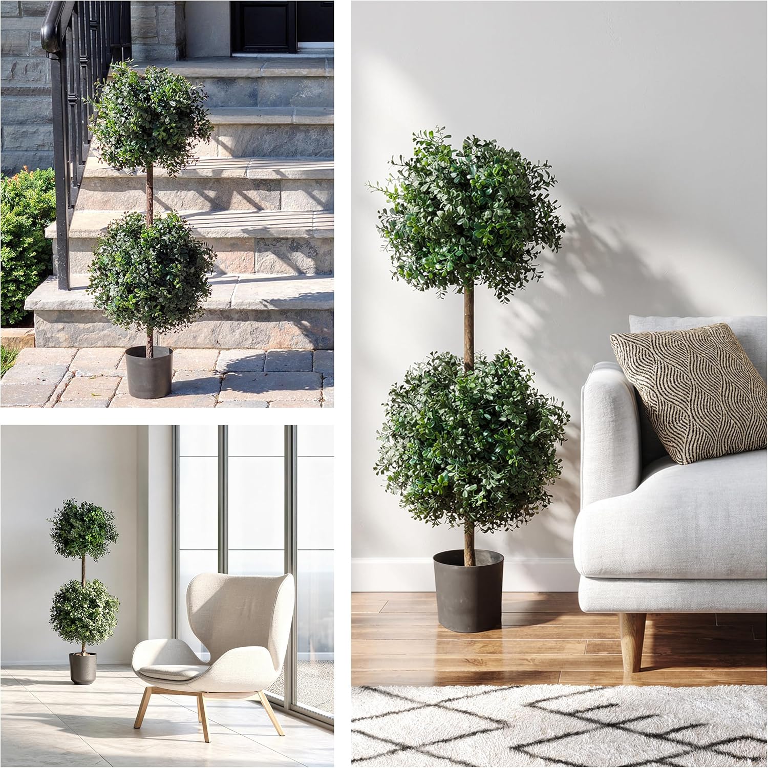 National Tree Company 46 Inch Artificial Boxwood Double Ball Topiary Tree, Realistic Fake Tree Potted Plant, Matte Black Nursery Pot