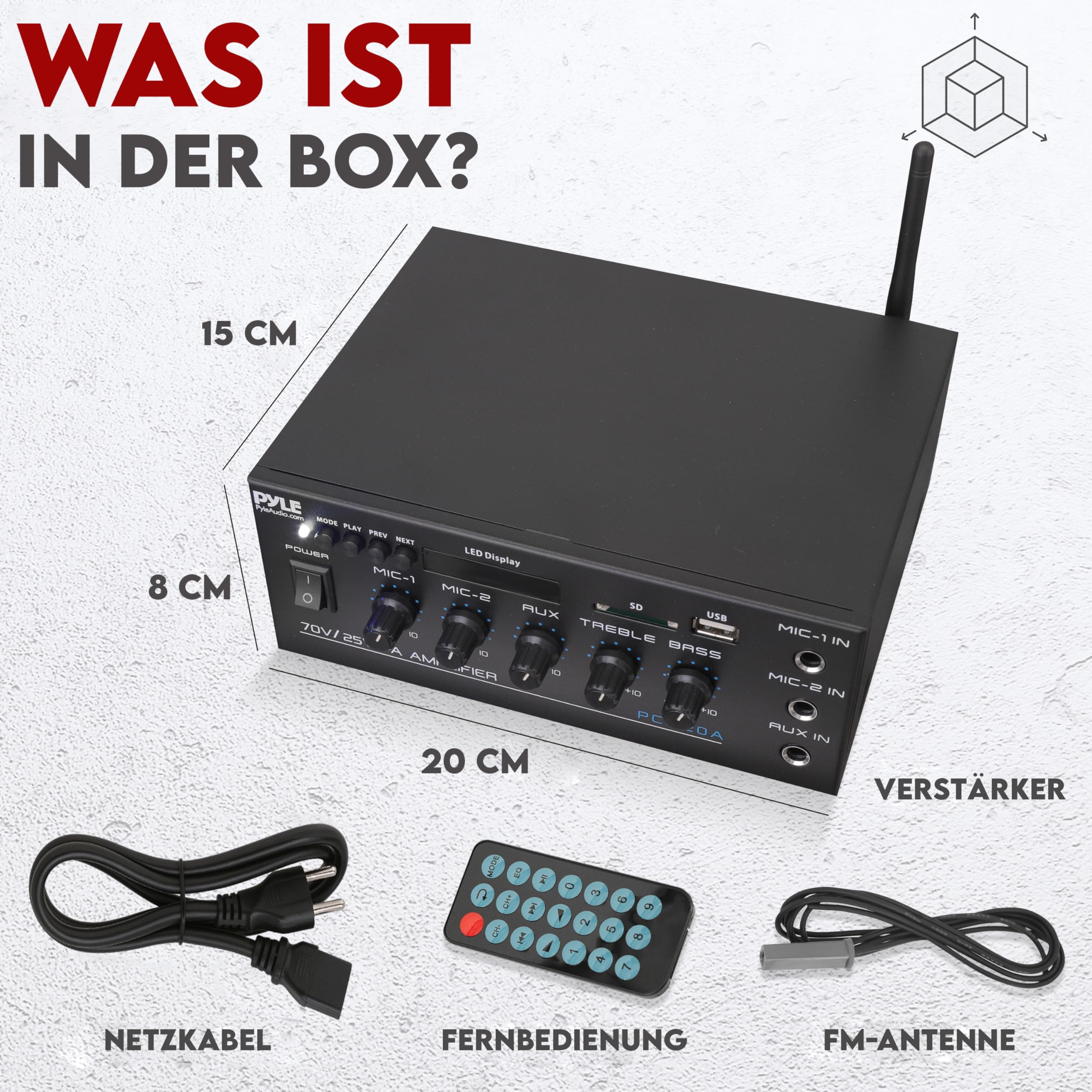 Pyle PA- Verstärker, Bluetooth Amplififer- 70 V/25 V mit 2 Mic- Eingängen, AUX, USB, SD, MP3, LED- Display & Bass/Treble Regelung, 40W, Kompakt für Beschallung & Musik