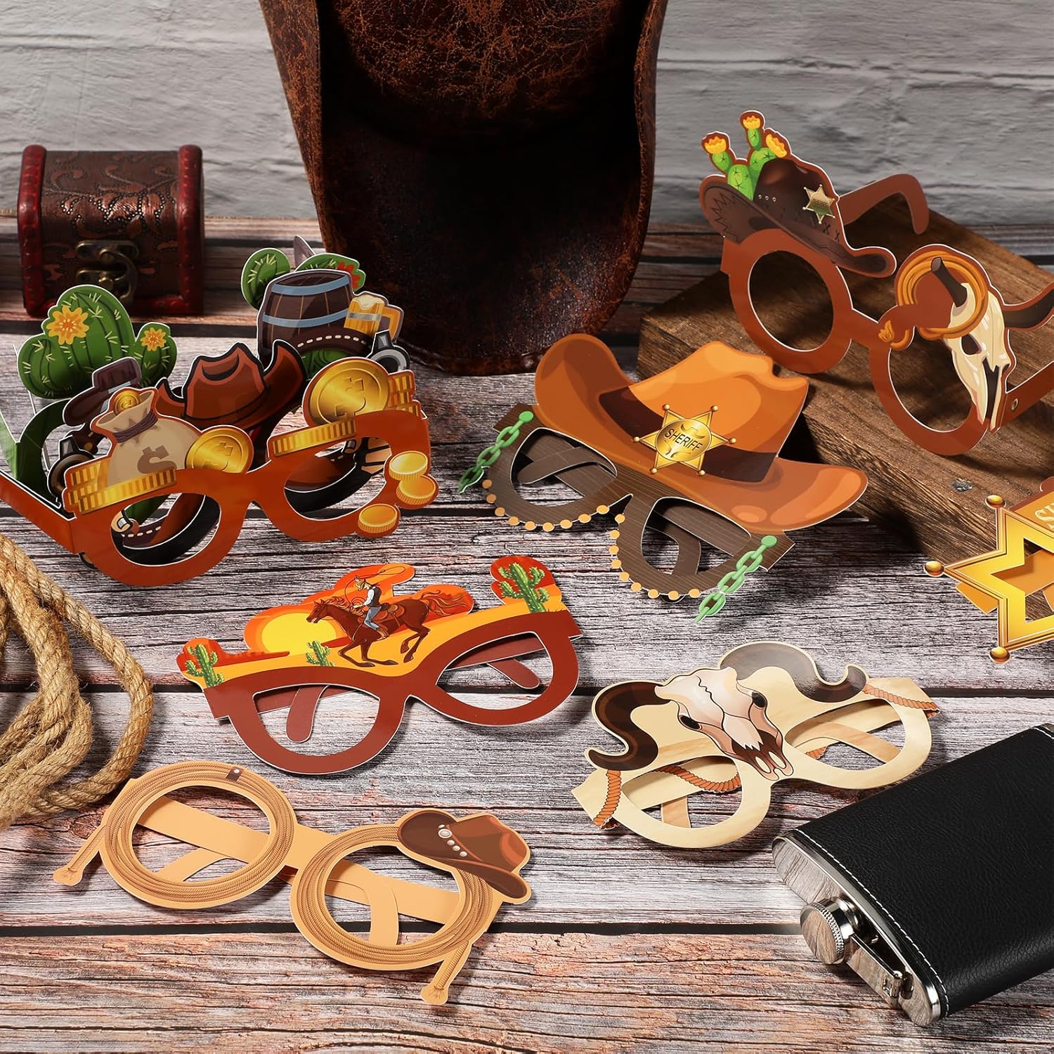 Jenaai 24 Pcs Western Party Favors Paper Glasses, Cowboy Photo Booth Props for Adults, Wild West Rodeo Theme Party Decor Supplies