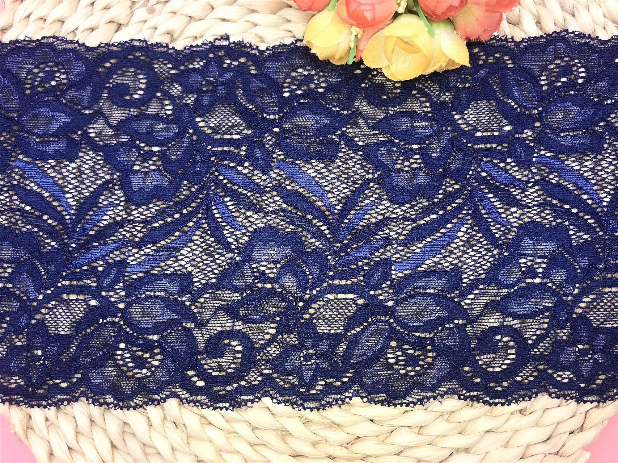 15CM Width Europe Floral Pattern Elastic Nylon Lace Trim,Curtain Tablecloth Slipcover Bridal DIY Clothing/Accessories.(4 Yards in one Package) (Navy Blue) - Image 2