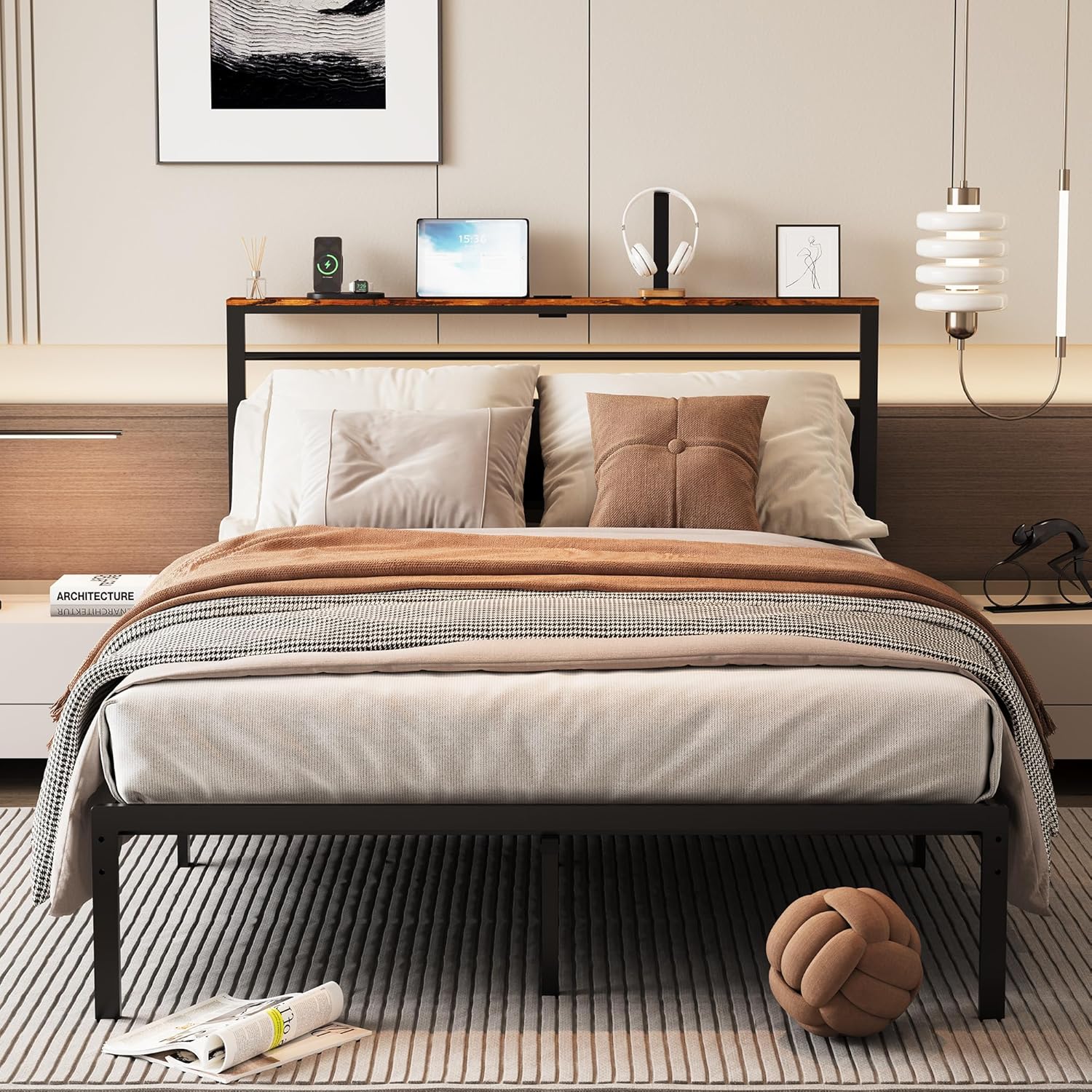 Cadru de pat Queen RoyalCraft ZBBD003 cu tăblie și spațiu de depozitare