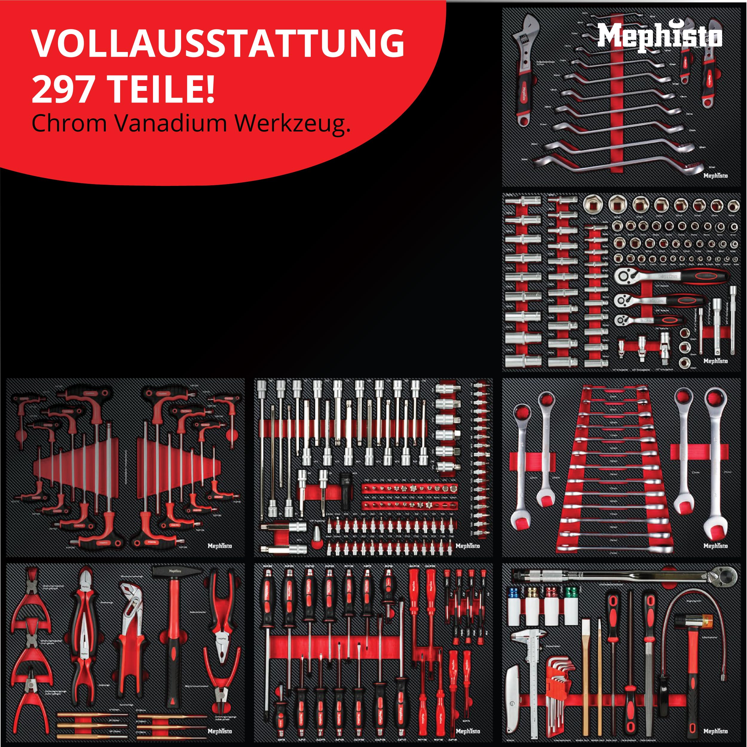 Mephisto XXL Werkzeugwagen Werkstattwagen mit 7 Schubladen Davon 7 mit Werkzeug wie Schraubenschlüssel, Ratsche mit Nusskasten, Schraubendreher usw. in Soft Inlays in Carbonoptik gefüllte Schubladen