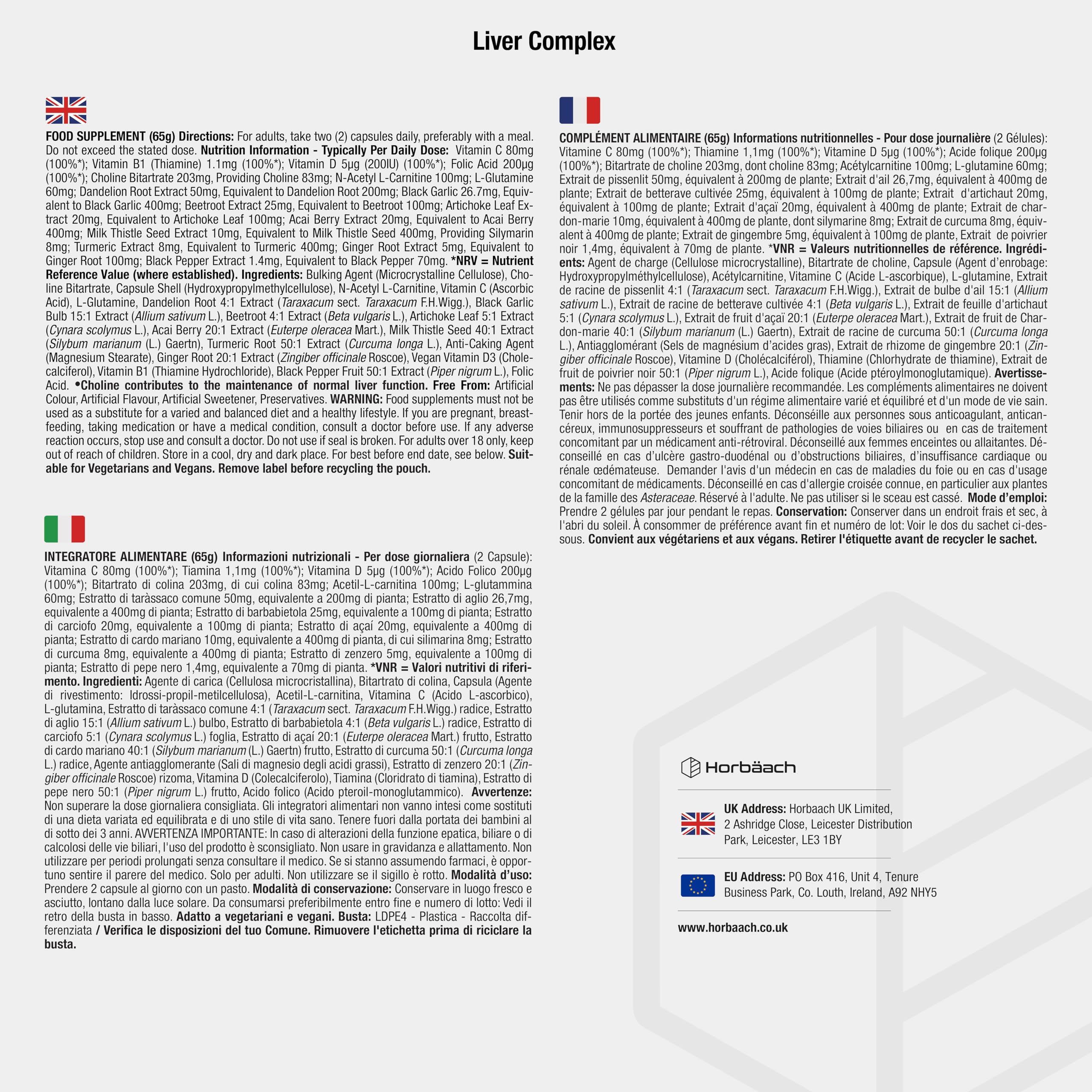 Liver Complex | con Cardo Mariano, Estratto di Carciofo, Radice di Tarassaco, Curcuma, Vitamina C, D e Altro | 120 Capsule Vegane | Integratore Depurativo Fegato | Funzione Epatica | Horbaach