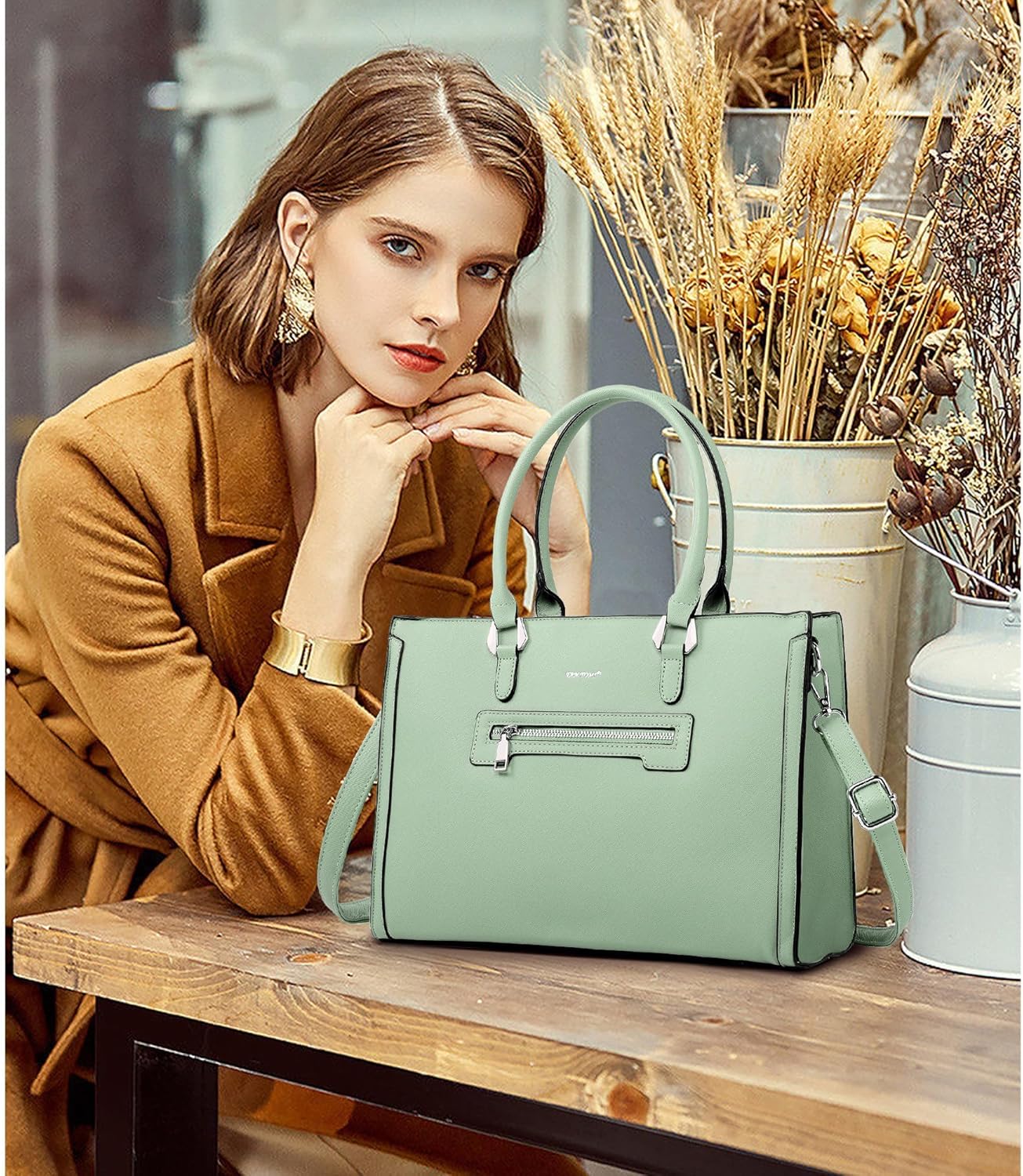 TANTOMI Structured Satchel Purses for Women, Medium Vegan Leather Top Handle Handbag with Pockets, Classy Work Bag for Ladies