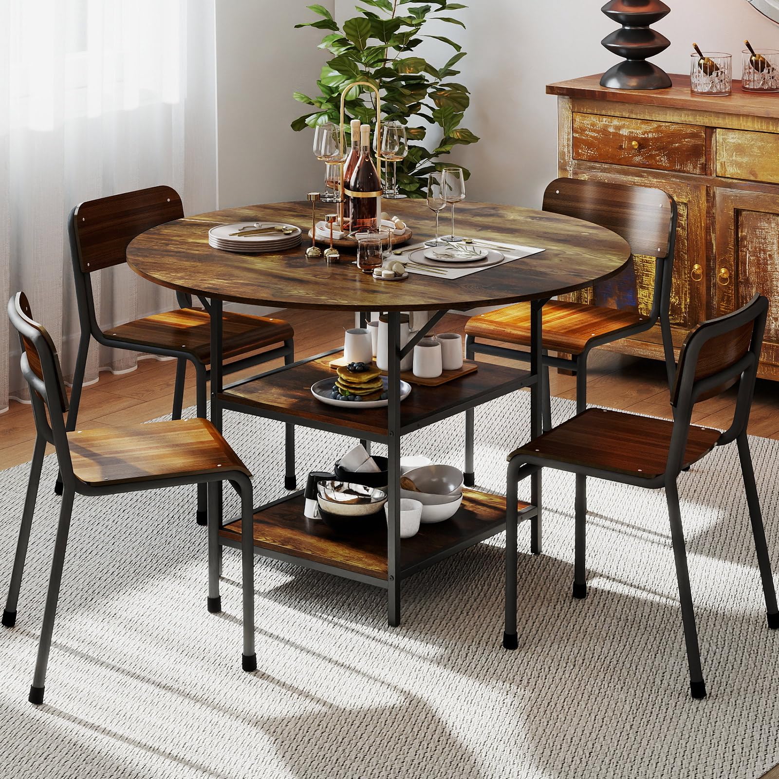 LIFEZEAL Tavolo da pranzo rotondo moderno, 120 cm, tavolo da cucina con ripiano portaoggetti a 2 livelli per 4-6 persone, robusto telaio in metallo per casa, soggiorno e ristorante (caffè)