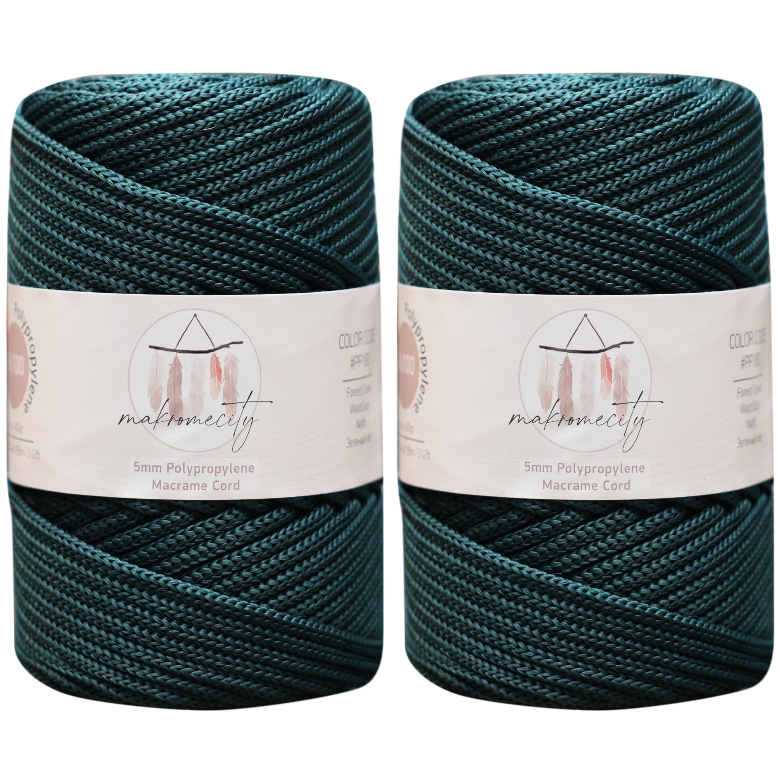 Makromecity, 2 Skeins of Polyester Macrame Cord 5mm x 104 yards (311 feet) 5mm Polypropylene Forest Green Macrame Cord Crochet Macrame Bag Cord Crafts for Wall Hangings, Bags, Underplate, Rug