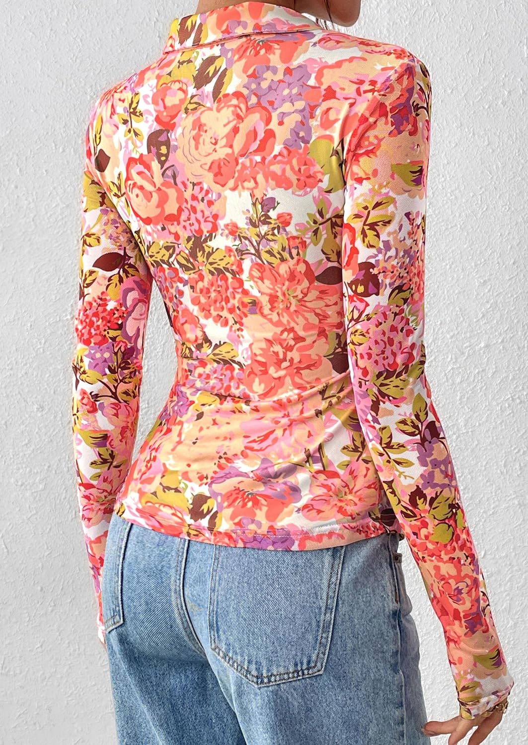 PRETTYGARDEN Women Button Down Floral Shirts 2026 Fall Trendy Long Sleeve V Neck Mesh Boho Blouse Spring Tops Date Outfits - Image 5