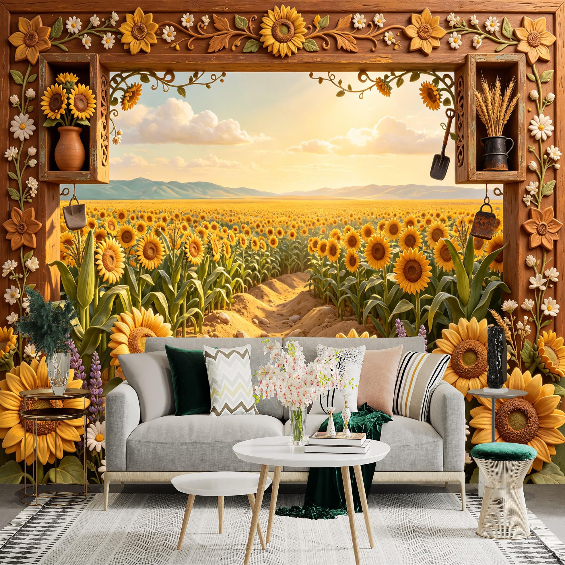 Custom Size Wall Sticker Mural， Rustic Sunflower Field， Floral Farm Landscape， Golden Meadow Sunset， for wall Decoration， peelandstick wall Decals.