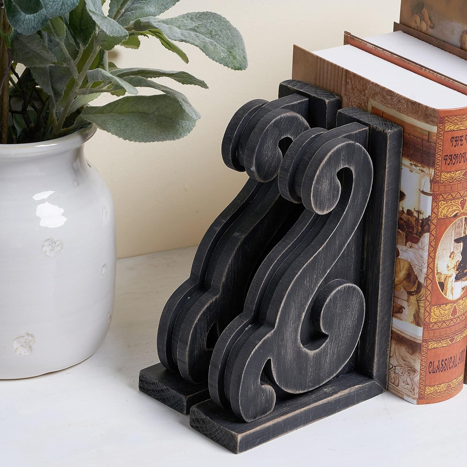 GENMOUS Rustic Distressed Vintage Scroll Corbel Bookends,Farmhouse Black Wood Decorative Bookends,Rustic Corbels Shelf Brackets,Shabby Chic Vintage Book Ends,Home Decoration and Gift,Set of 2.