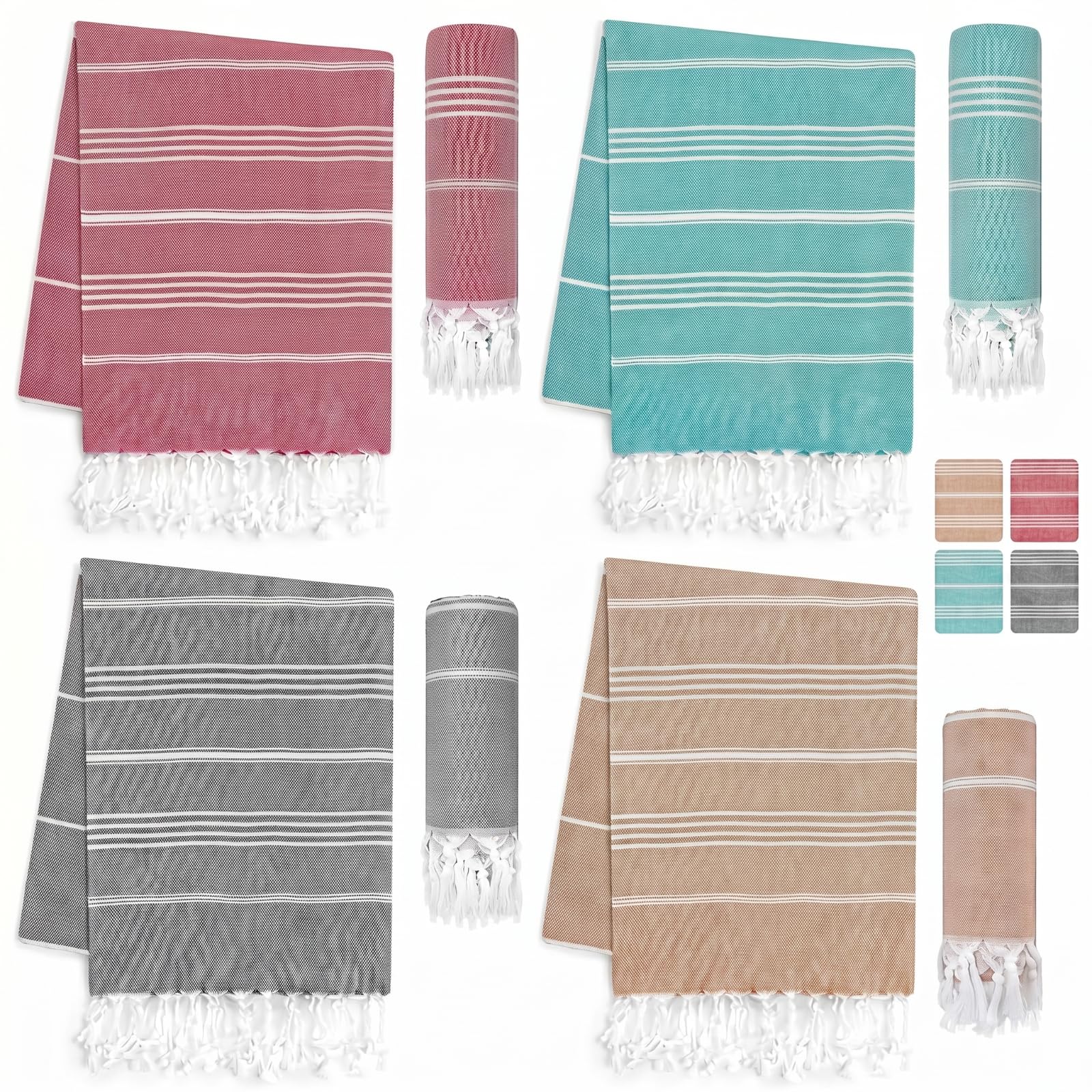Nuenen 4 Pcs 90 x 200 cm Serviettes de Plage Douces Draps de Plage Absorbants Serviette de Hammam Turque Grandes Serviettes de Bain Compactes Légères pour Adultes, 4 Couleurs (Couleur Élégante)