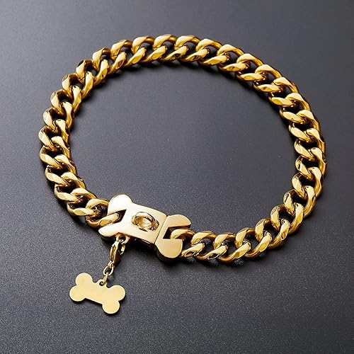 Miniatura 5 de Collar de acero inoxidable con eslabones cubanos de cadena dorada para perros pequeños, medianos y grandes, collar de perro Bulldog francés con