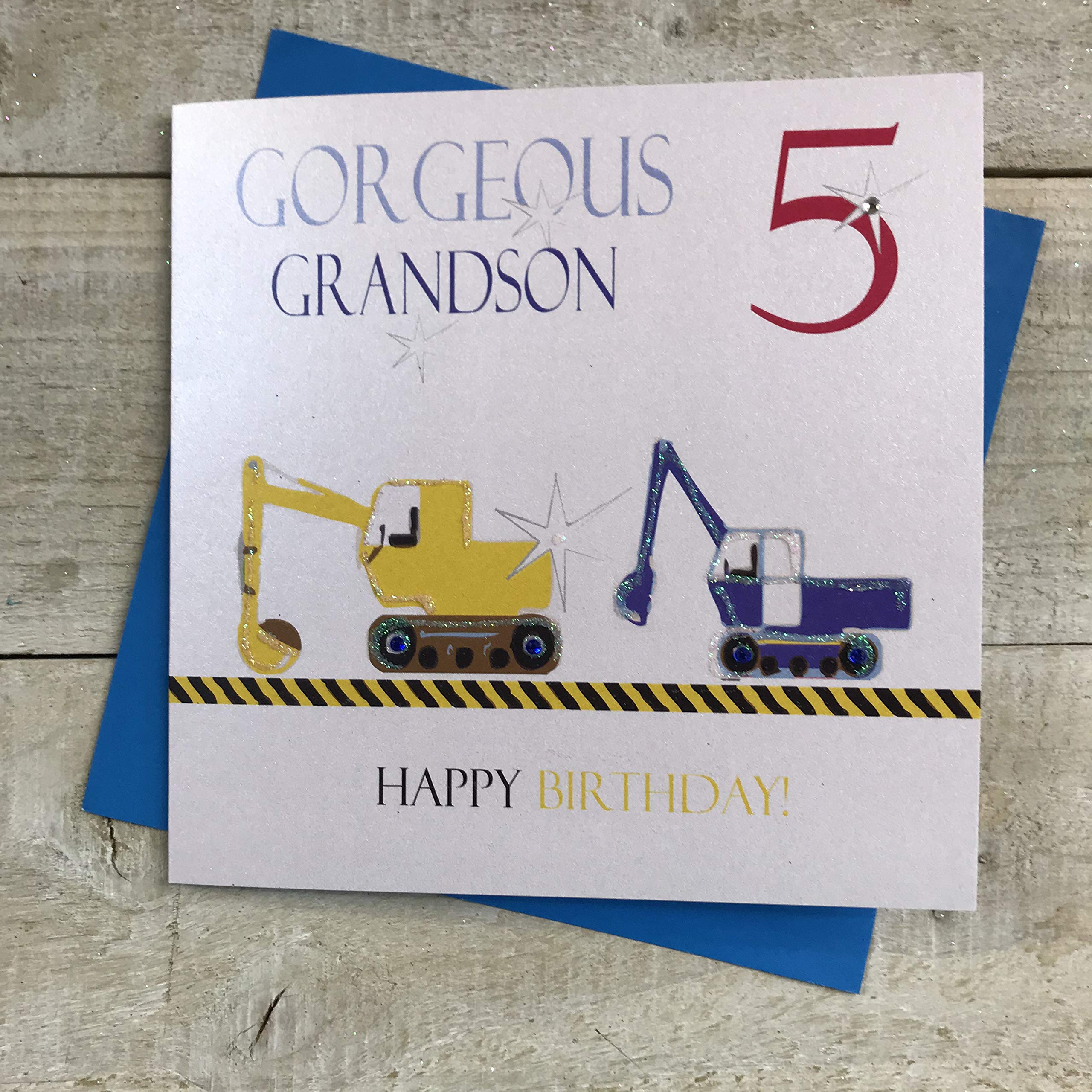 WHITE COTTON CARDS "Gorgeous Grandson 5 Happy Birthday!, Diggers Handmade 5th Birthday Card, Ngs5