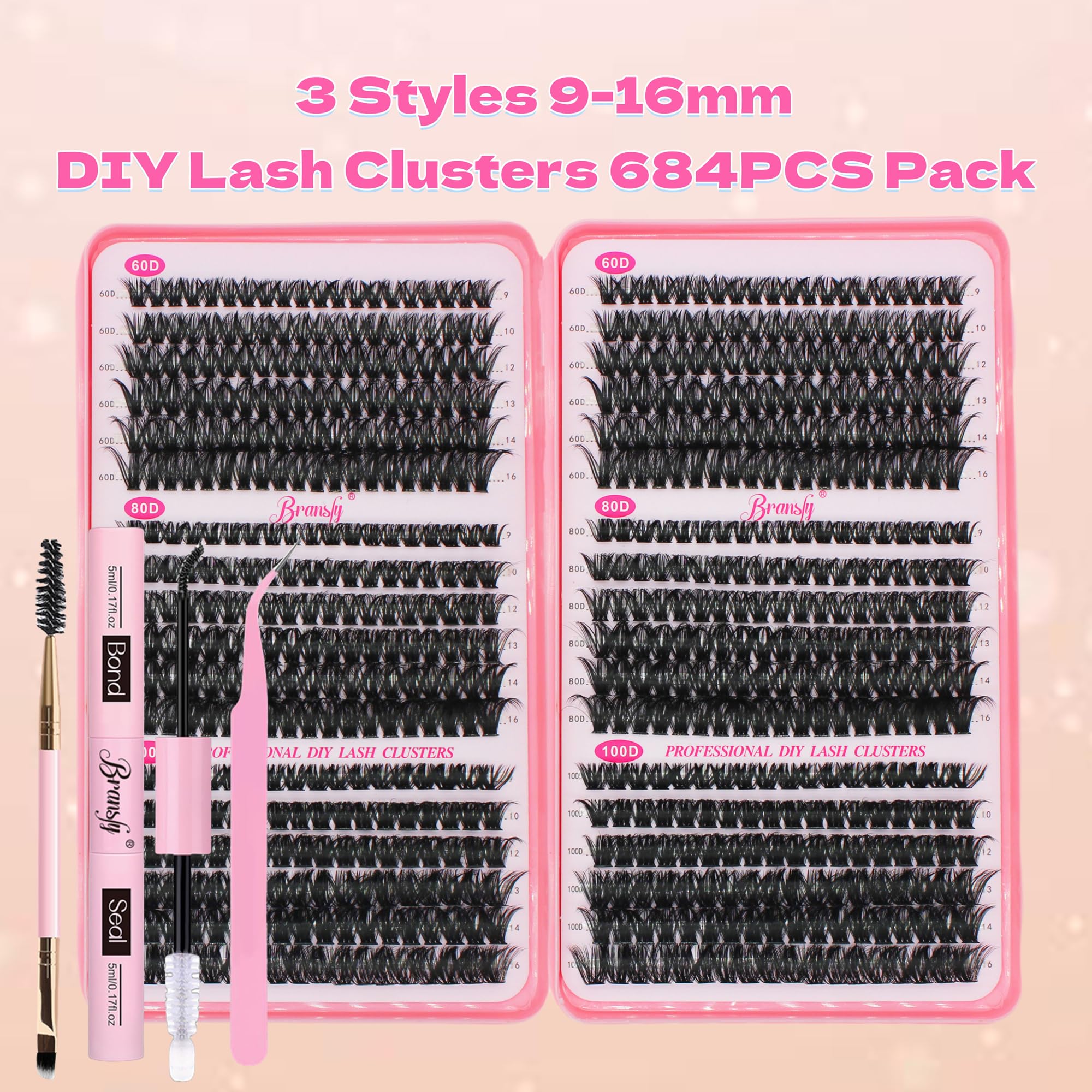 Bransfy 3 Styles 684pcs Lash Clusters Kit DIY Lash Extension Kit D Curl Eyelash Extensions 9-16MM Cluster Lashes with Waterproof Lash Bond and Seal Tweezers(60D+80D+100D,Kit) - Image 2