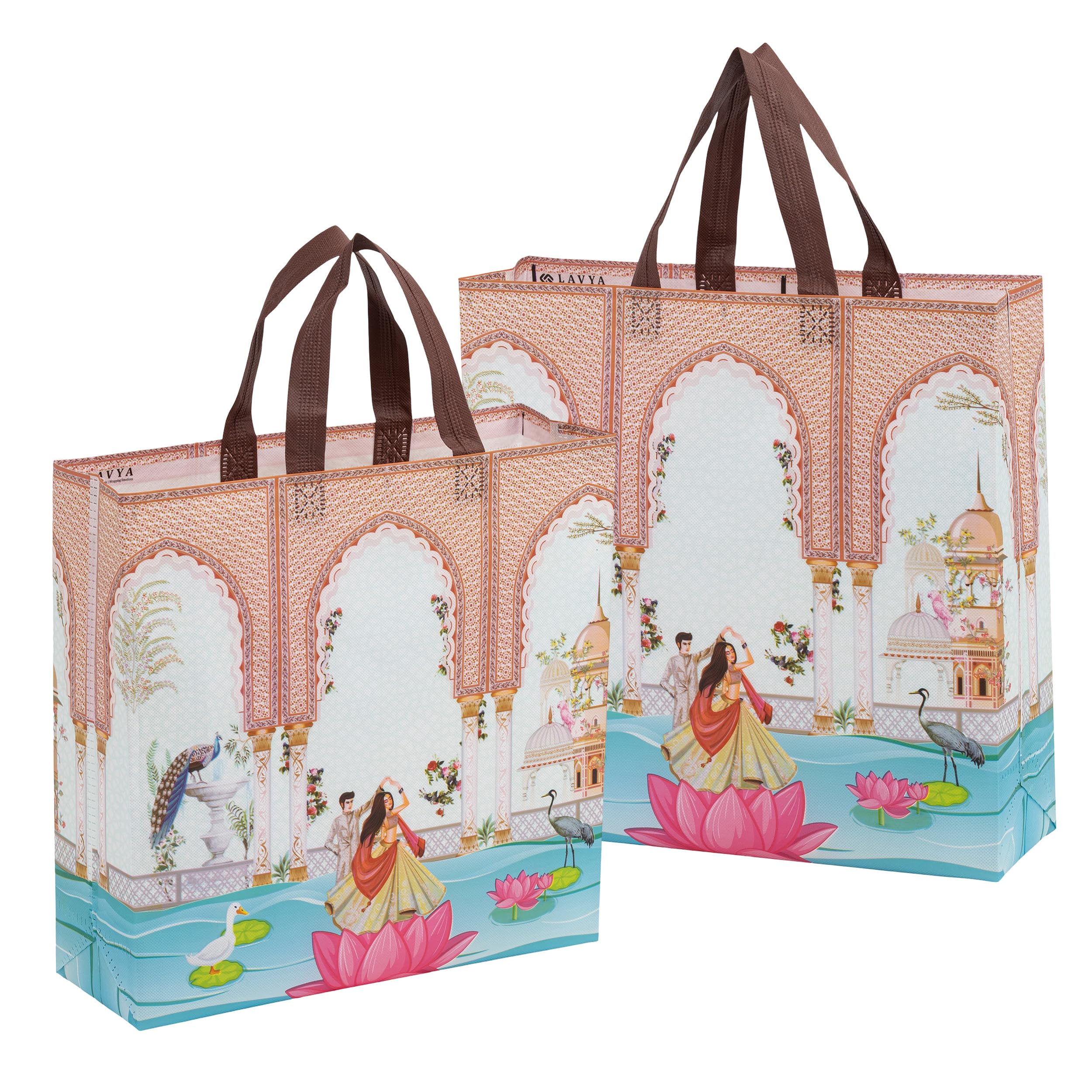 Lavya Medium Size Pack of 10 Pcs Reusable Non-Woven Laminated Gift Bags |For Wedding Gifts, Shagun, Traditional Gifting, Mithai, Dry Fruits Carry Bag (Wedding Special Medium, M-12.5x12.5x4)