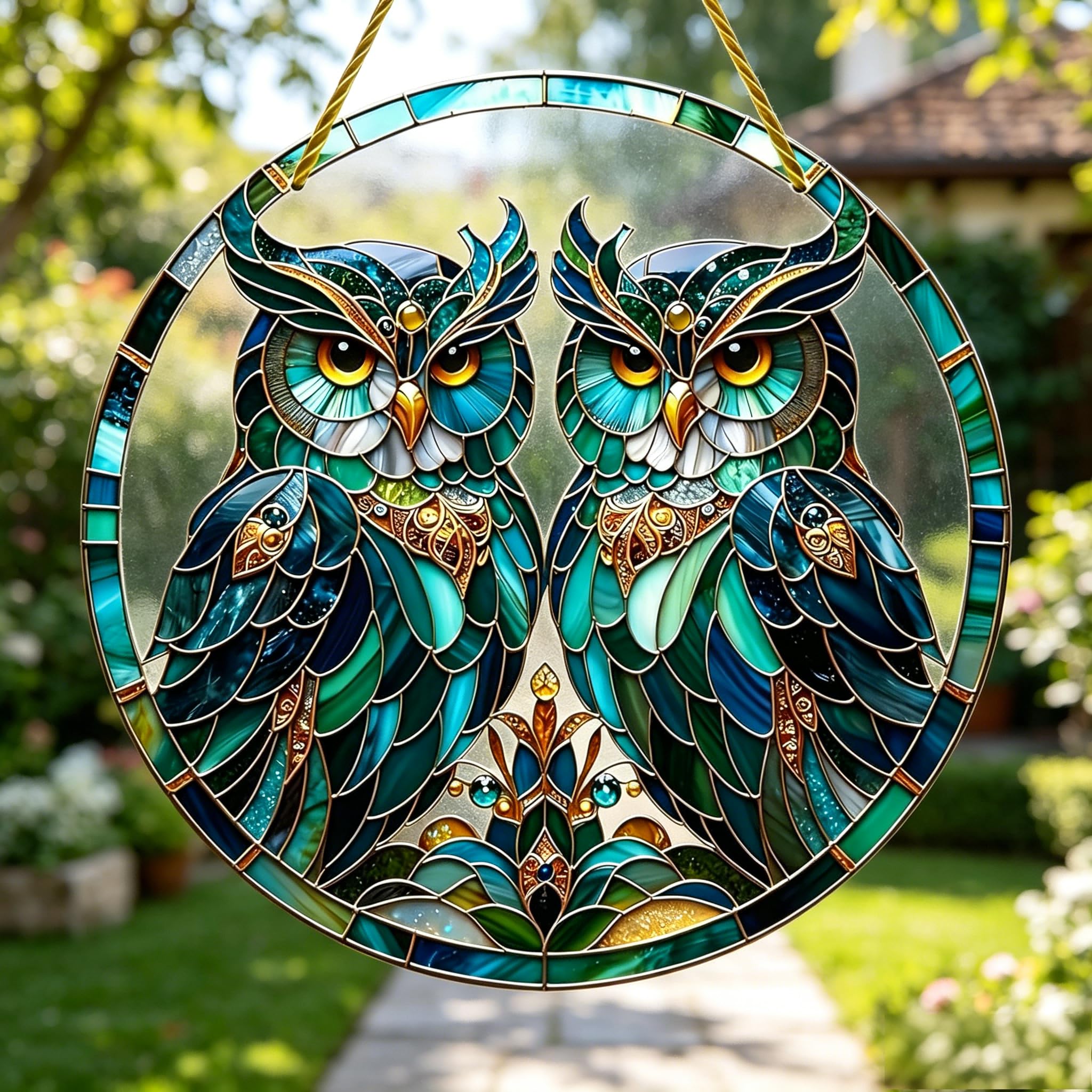 Muiltvoe Owl Garden Ornaments Outdoor Hanging, Round Owl Wall Art with Rope for Garden Fence, Weather-Resistant Acrylic Decor for Patio, Yard, Porch, Living Room