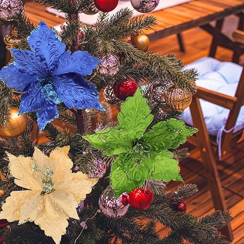 Miniatura 3 de 6 adornos para árbol de Navidad de Pascua con purpurina, flores artificiales de Navidad, accesorios florales con tallo, flores de franela sintética
