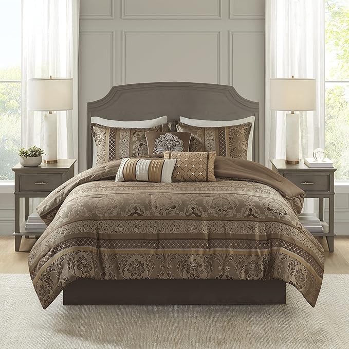 Madison Park Bellagio King Size Bed Comforter Set Bed in A Bag Brown