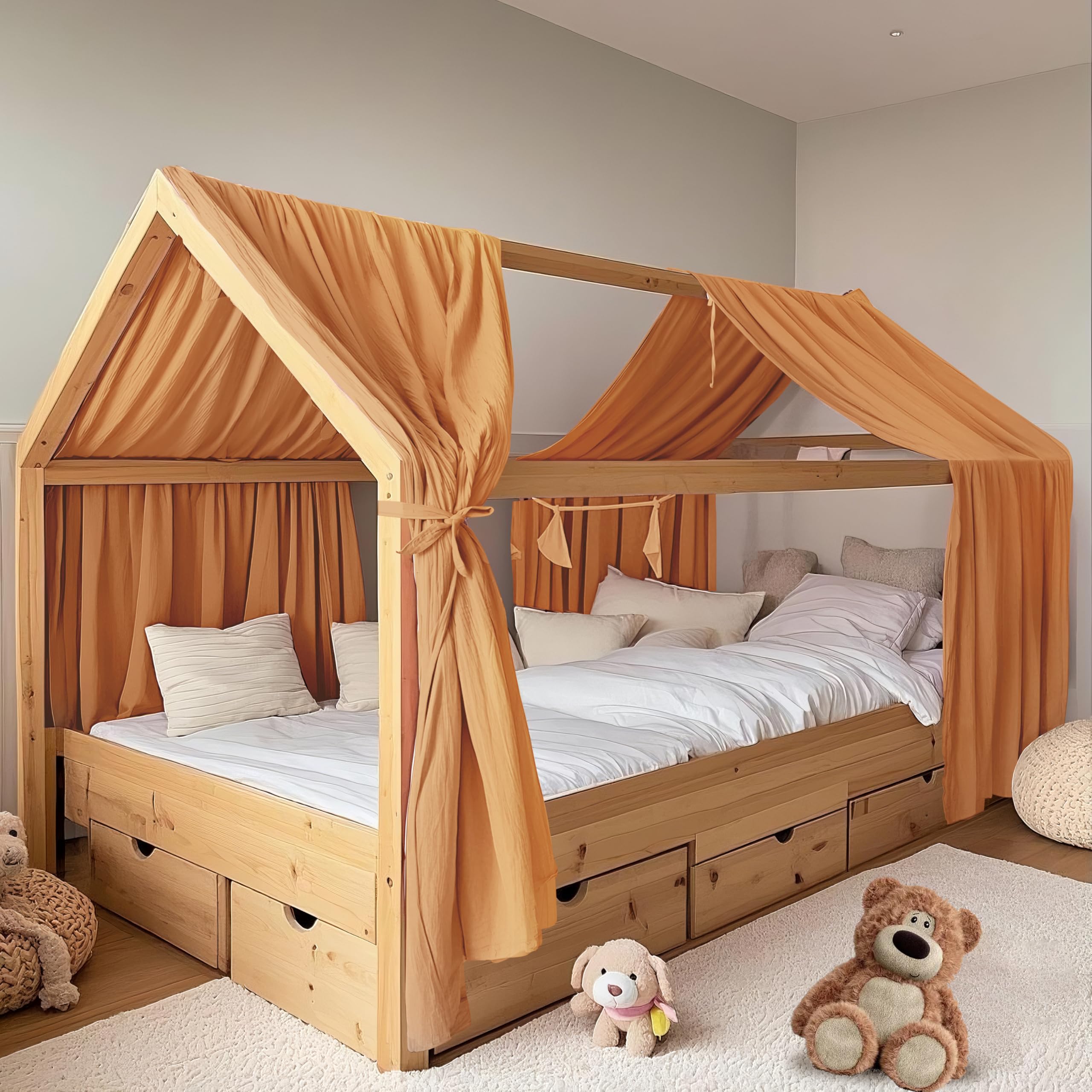 Hausbetthimmel 2 Stück, handgefertigt aus 100% Baumwoll-Musselin, Stoffhimmel zur Hausbettdekoration, für Mädchen und Jungen (2er Set 65 x 270cm Senfgelb)