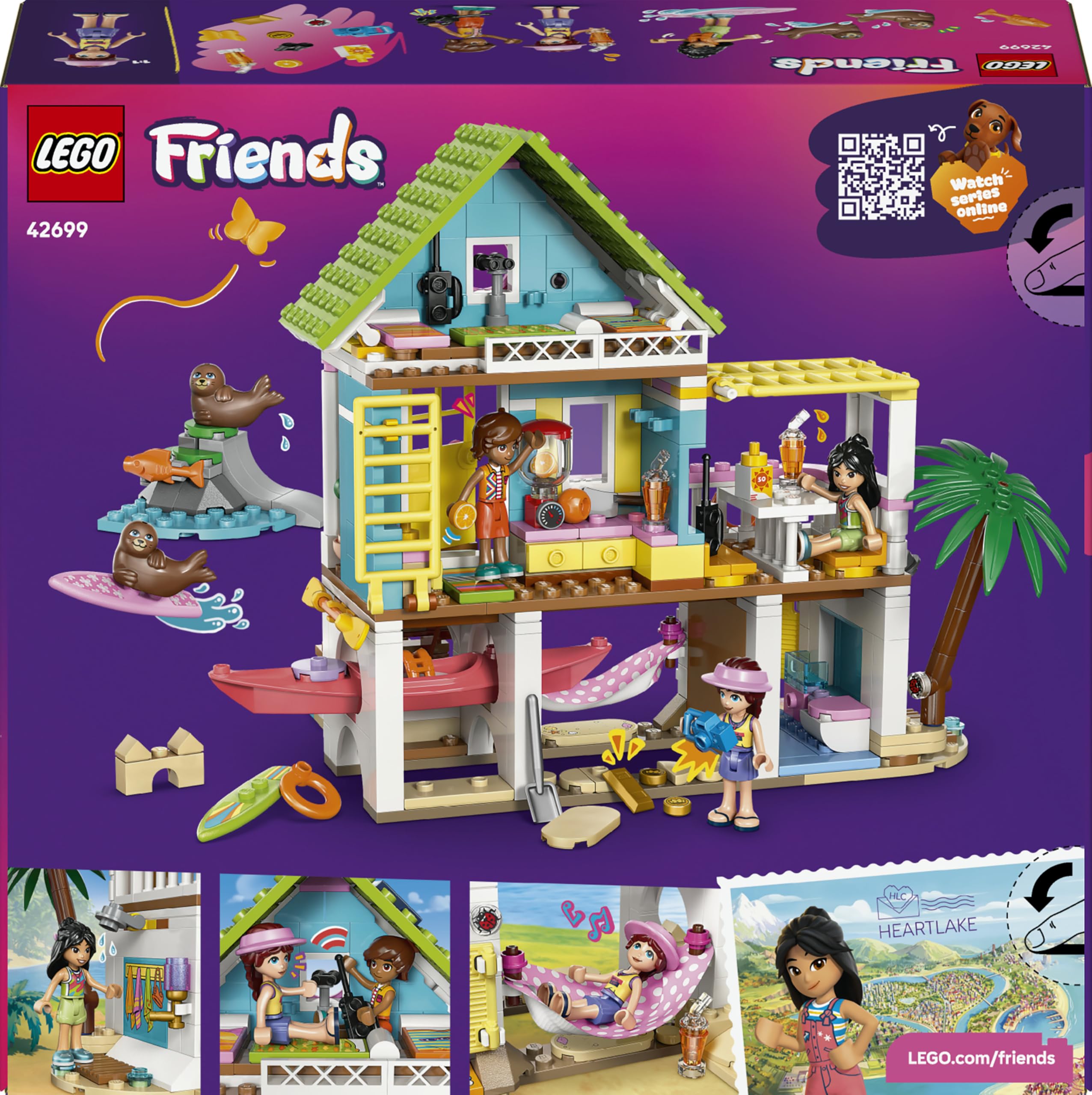 LEGO Friends Casa en la Playa con Focas - Casa de Juguete con 3 Mini Muñecos, 2 Figuras de Animales Marinos y Accesorios inc. Kayak y Tabla de Surf - Regalo de Cumpleaños para Niñas de 7+ Años - 42699