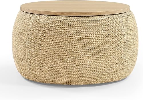 Zushule Otomana redonda con almacenamiento para sala de estar, mesa auxiliar, reposapiés, mesa auxiliar, con bandeja de tapa reversible (natural)