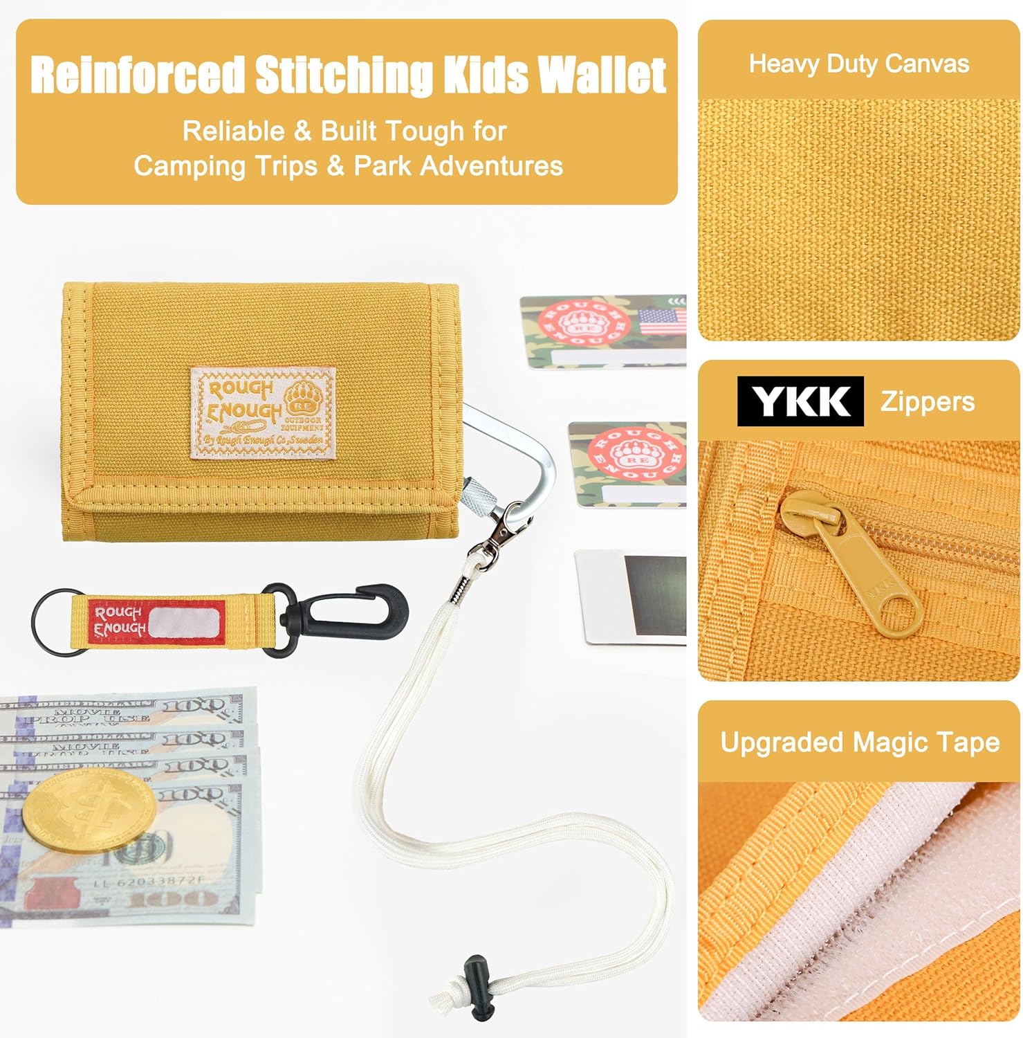 Rough Enough Kids Wallet for Boys Girls Preppy Teen with Neck Lanyard Keychain Canvas Mustard Yellow - Image 2