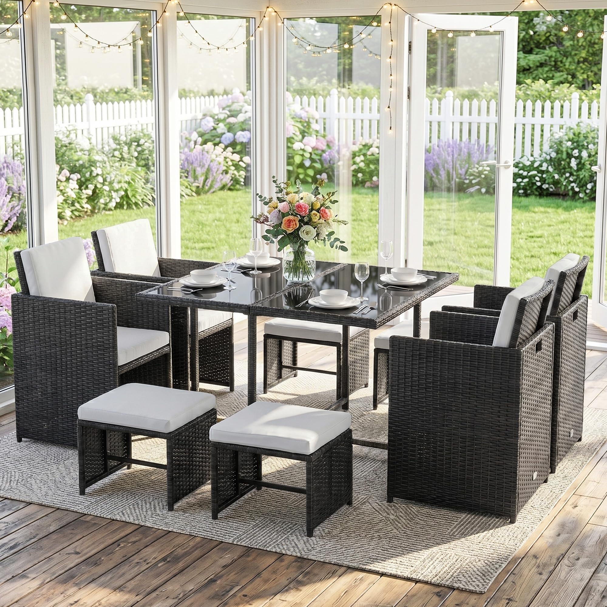 Outsunny Ensemble Salon de Jardin encastrable 8 Personnes 9 pièces résine tressée 4 Fils Imitation rotin Noir Coussins déhoussables crème