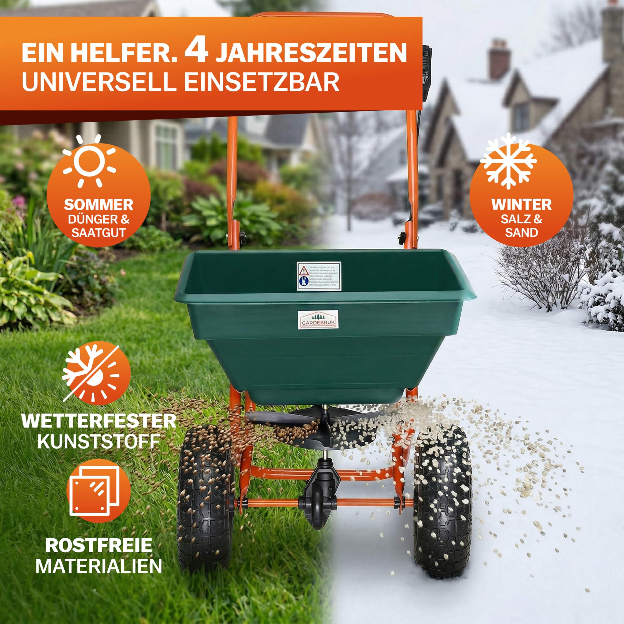 GARDEBRUK® Streuwagen 20 L Streumenge einstellbar XXL Luftreifen - Saatgutstreuer Streuer für Salz Dünger Rasen Saatgut