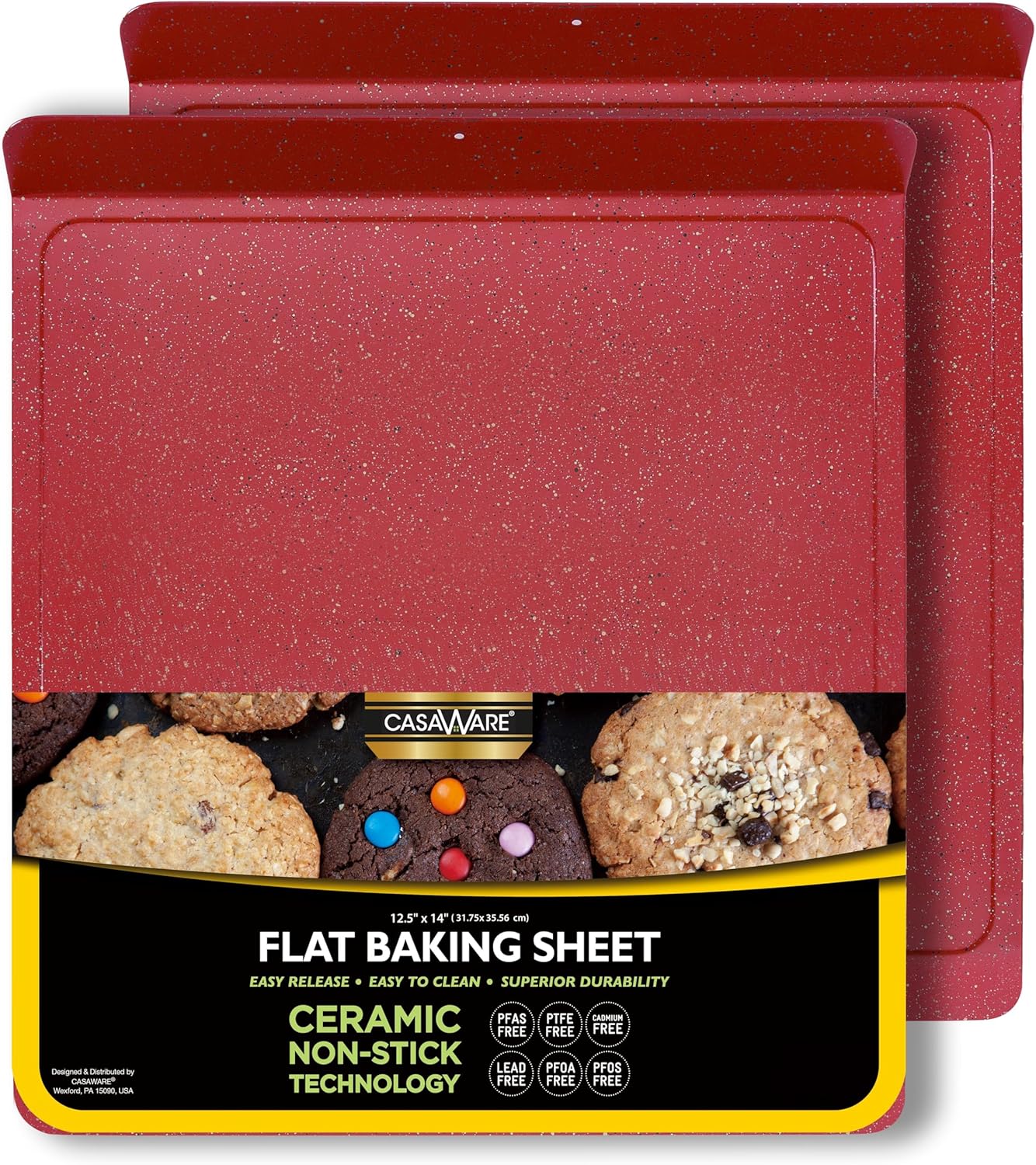 casaWare 2pc Large Flat Baking Cookie Sheet, 12.5 x 14-inch with a 1.5-inch Handle, Ceramic Non-Stick Coating (Red Granite)